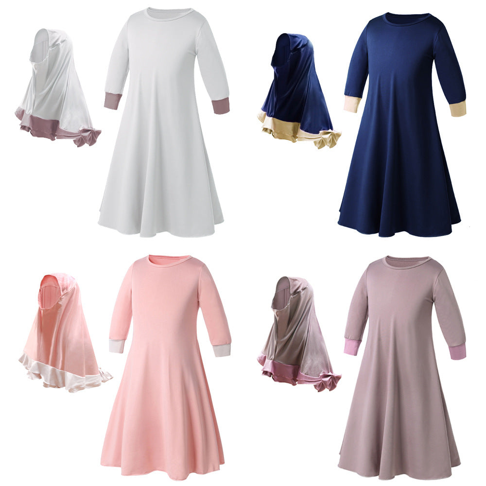 Girls Dress & Bow Hijab Set with Ruffle Trim(MKG026)