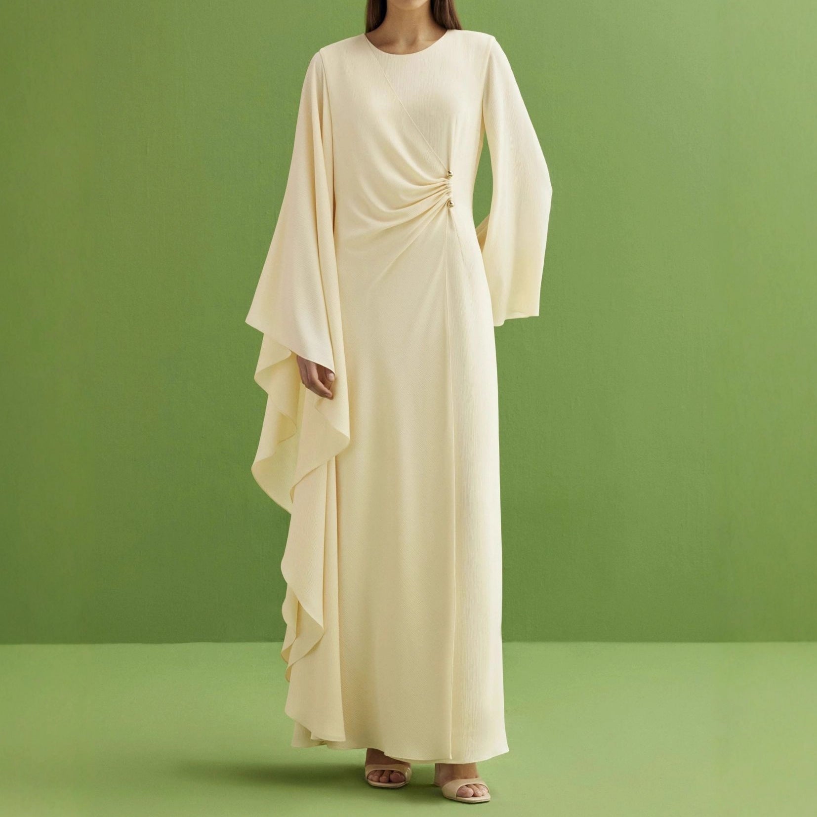 Cream Ruched Waist Abaya(MS283)