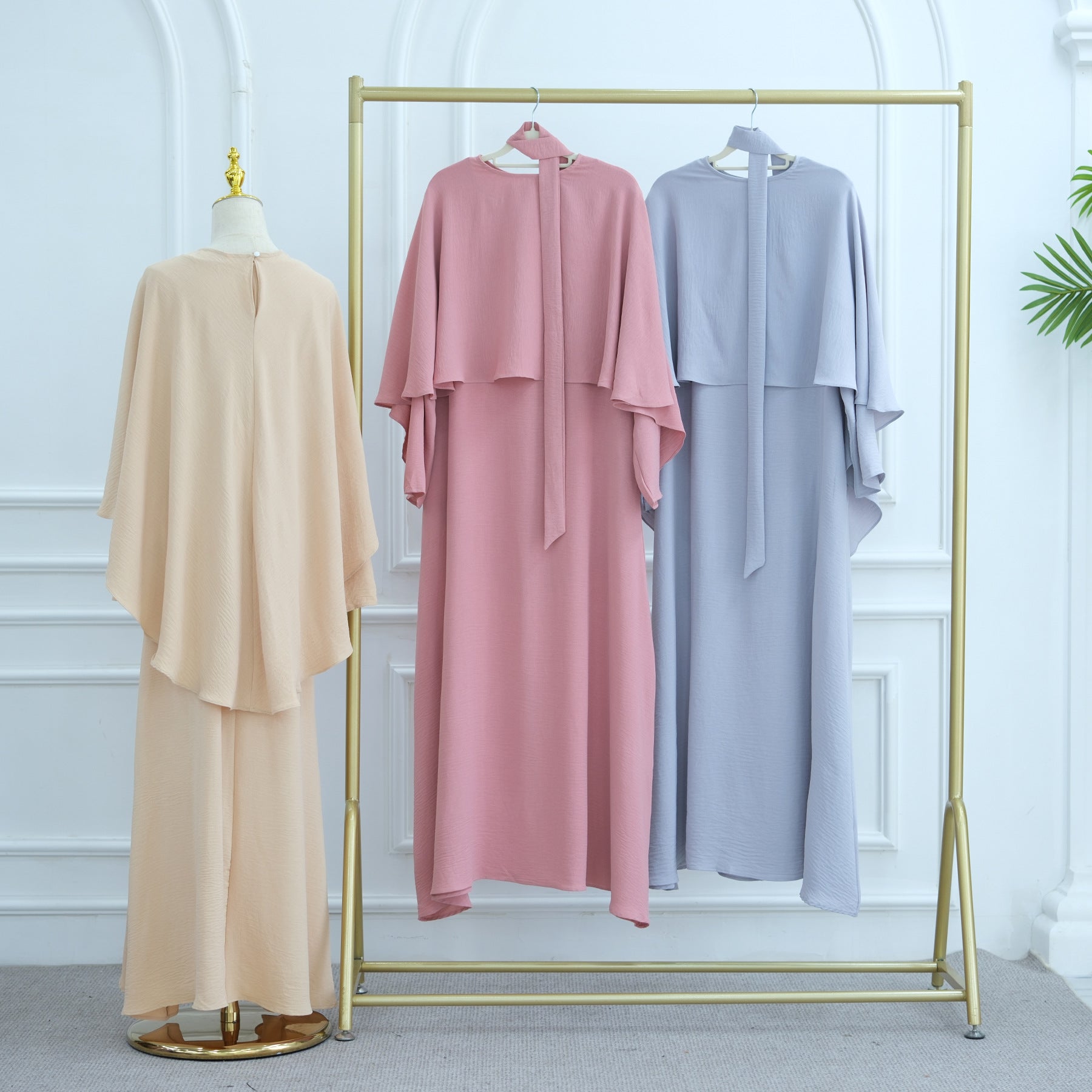 Ice Silk Crinkle Cape Set | 3-Piece Solid Color Abaya with Inner Dress & Belt(MA304)