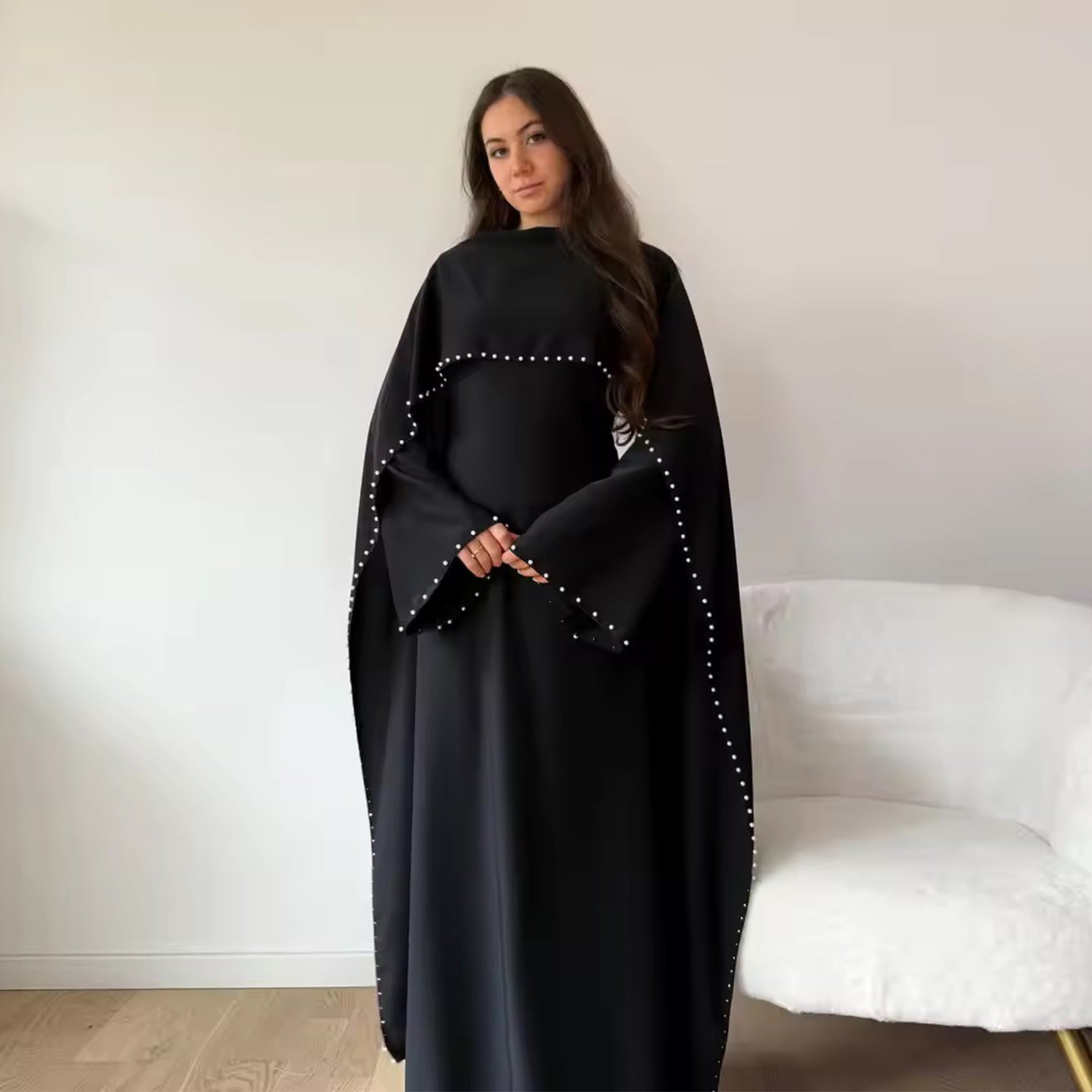 Pearl Embellished Kaftan Abaya | Luxury Cape Sleeve Maxi Dress(MA382)