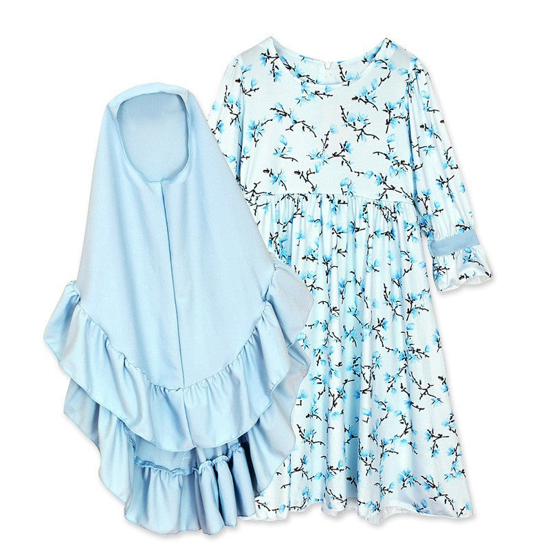 Girls Blue Floral Dress & Khimar Set(MKG027)