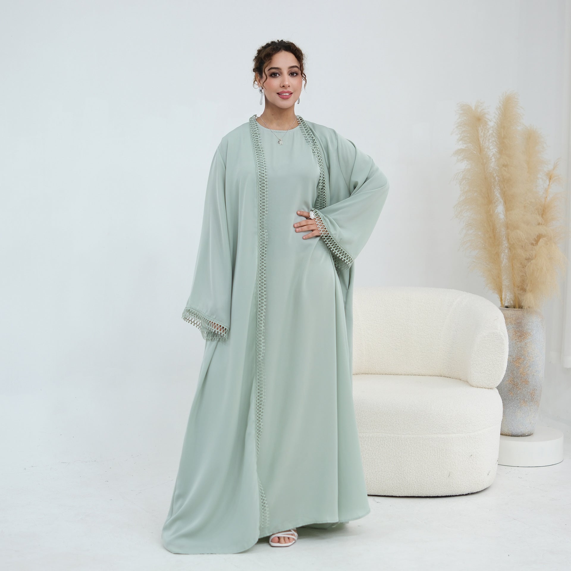 3D Lace Trim Open Abaya & Sleeveless Dress Set(MOA323)