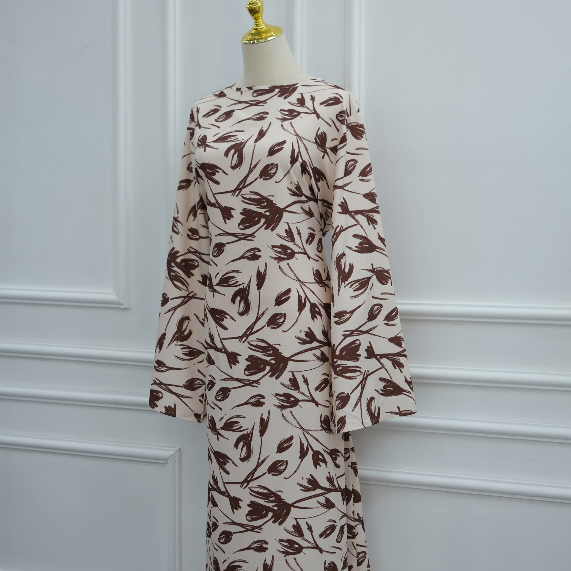 Printed Washed-Crinkle Bell Sleeve Maxi Dress(MS474)