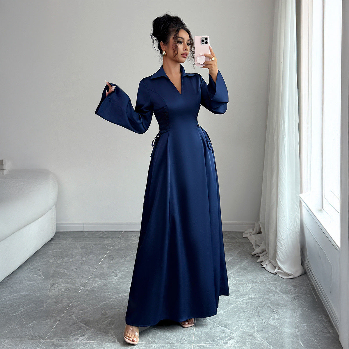 Satin Collar Maxi Dress | Long Bell Sleeve Formal Dress(MS277)