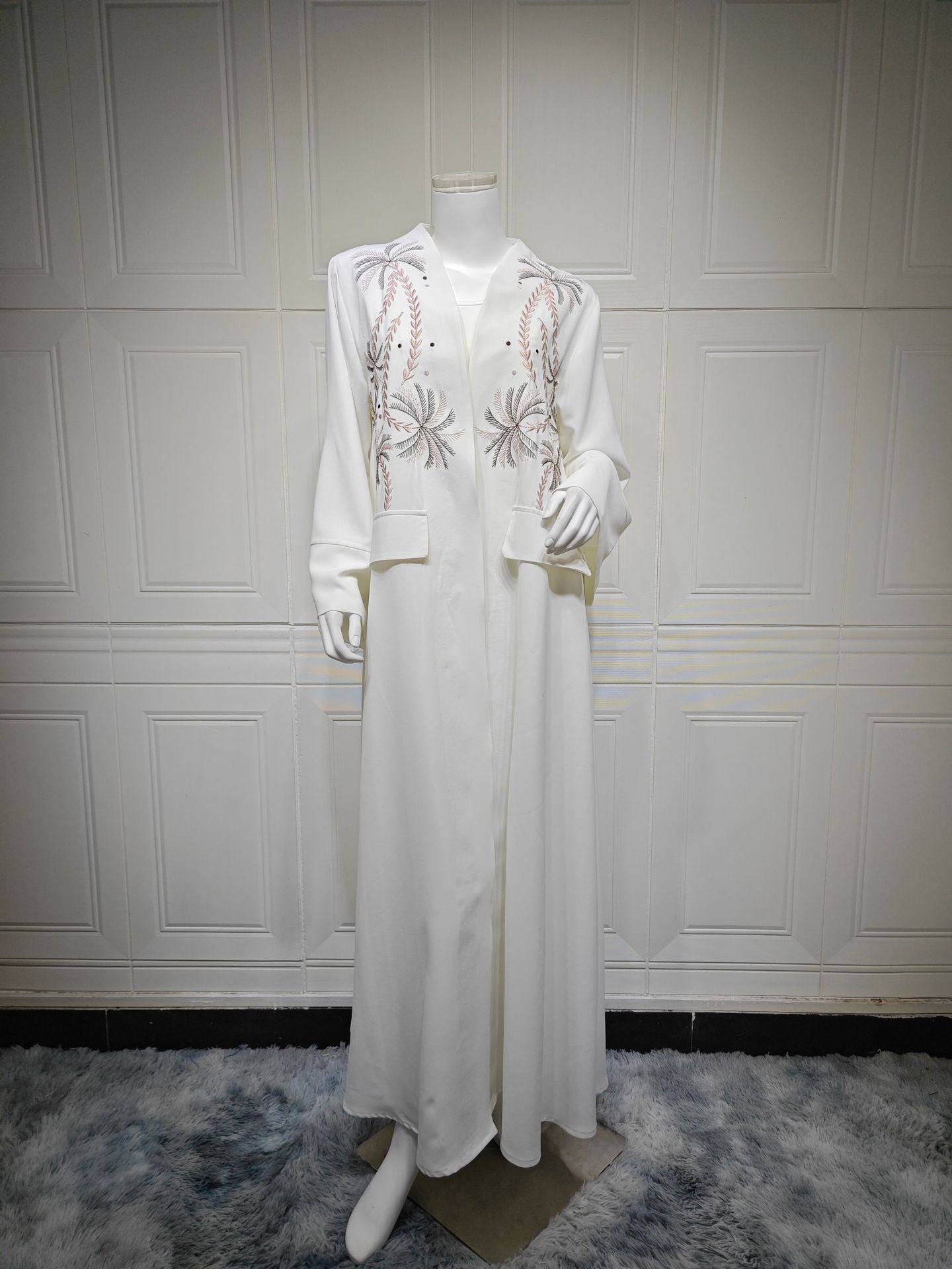 Ice Silk Crinkle Fabric  Embroidered V-Neck Abaya(MOA234)