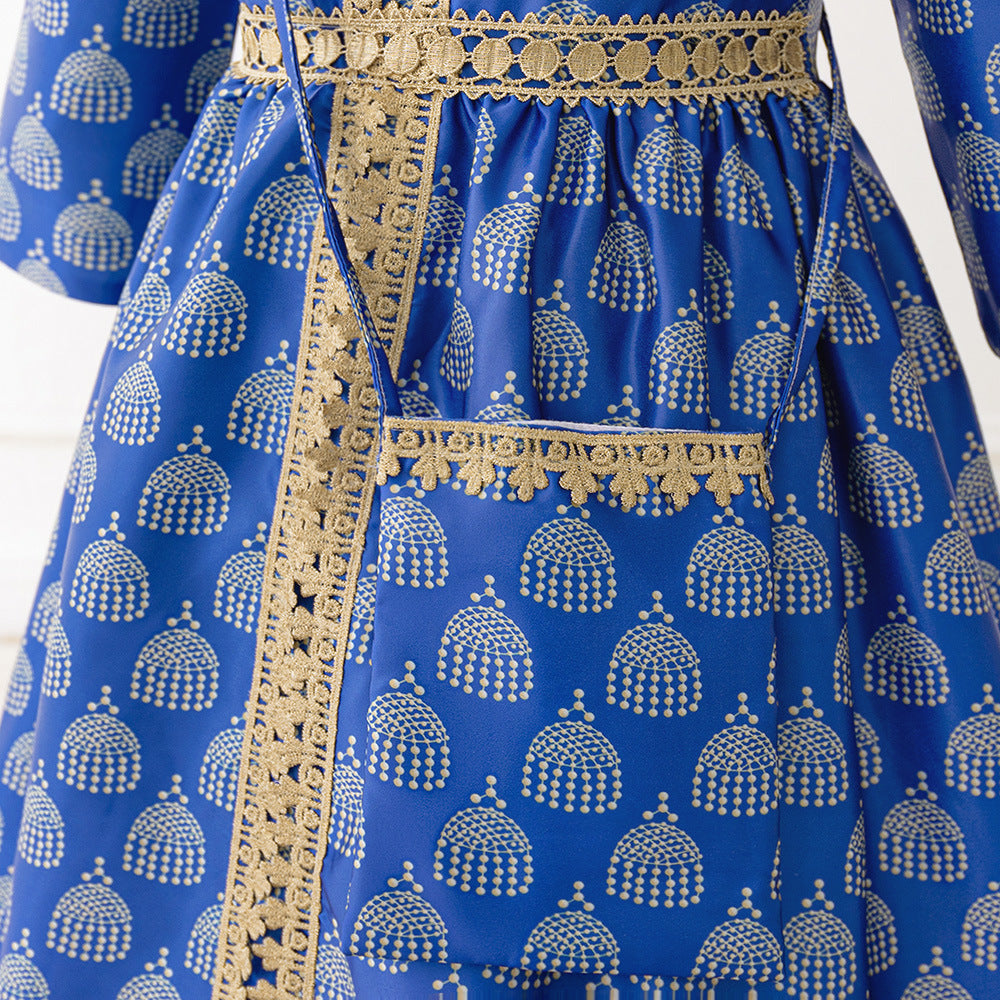 Girls Royal Blue Printed Kaftan Dress(MKG023)