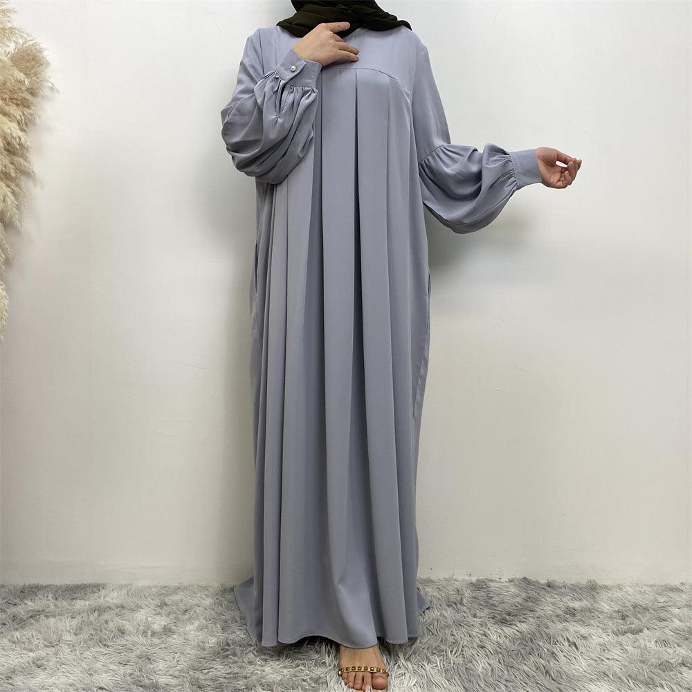 MA061 Round Neck Solid Color Ruffled Abaya With Pockets - Mariam's Collection