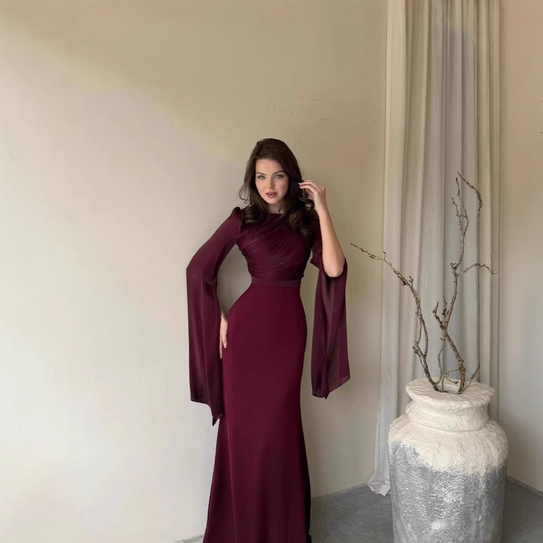 Cape Sleeve Gown with Tie-Back | Fitted Mermaid Maxi Dress(MS230)