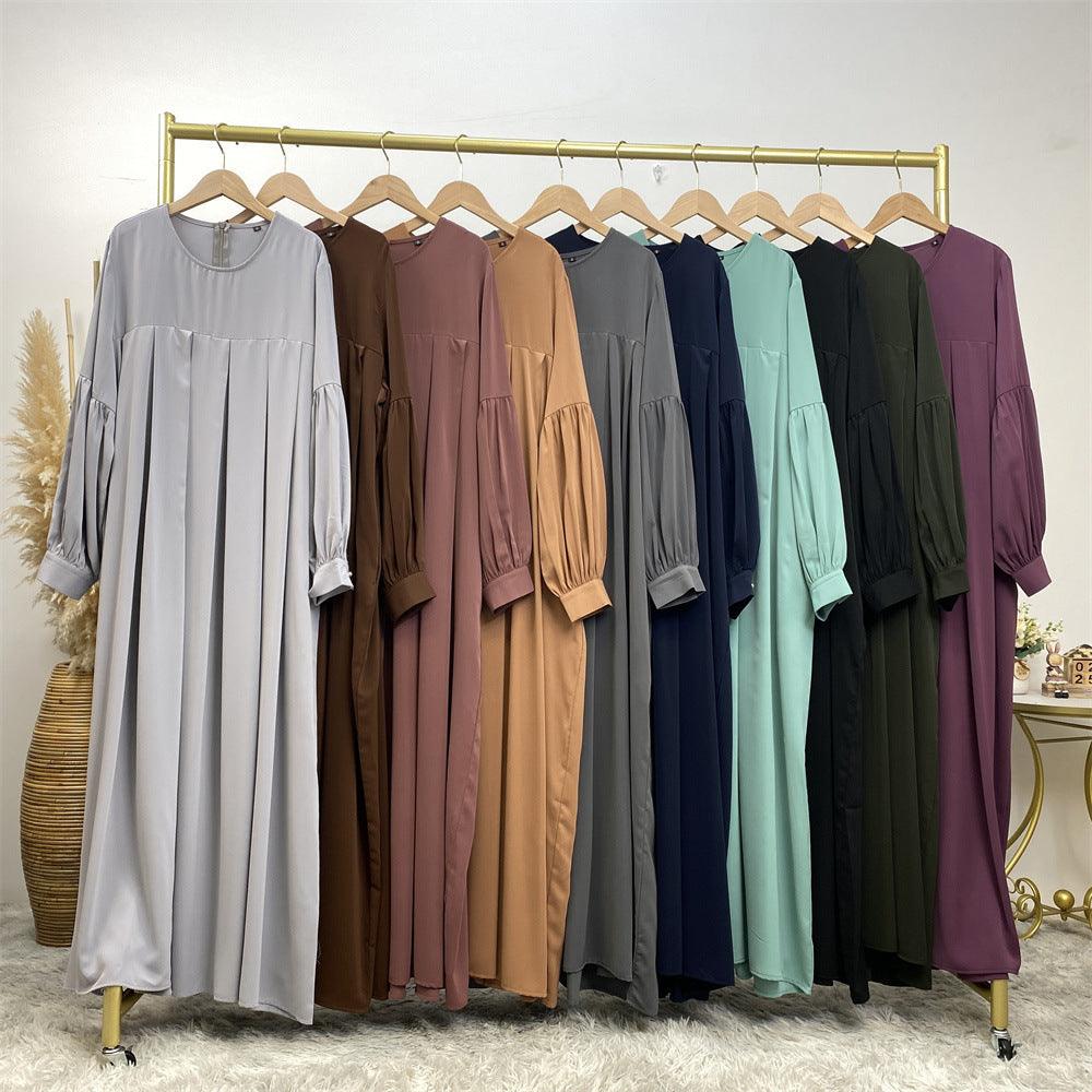 MA061 Round Neck Solid Color Ruffled Abaya With Pockets - Mariam's Collection