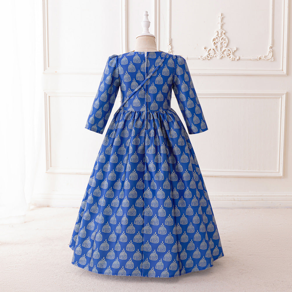 Girls Royal Blue Printed Kaftan Dress(MKG023)