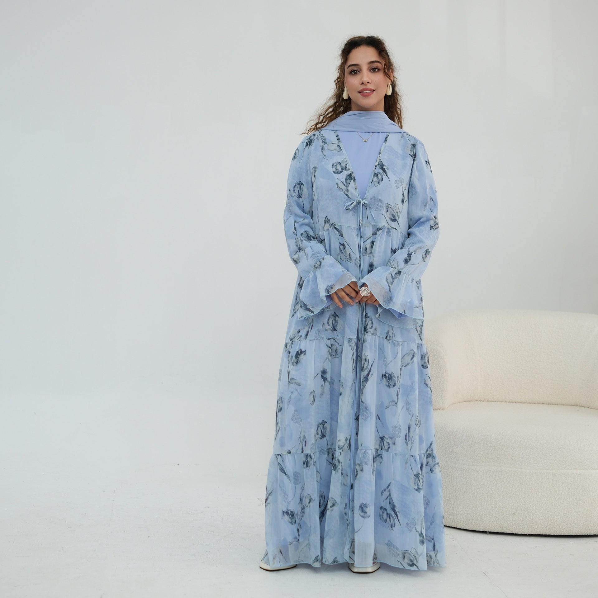 Chiffon Crinkle Flared Sleeve Tiered Open Abaya Set(MOA341)