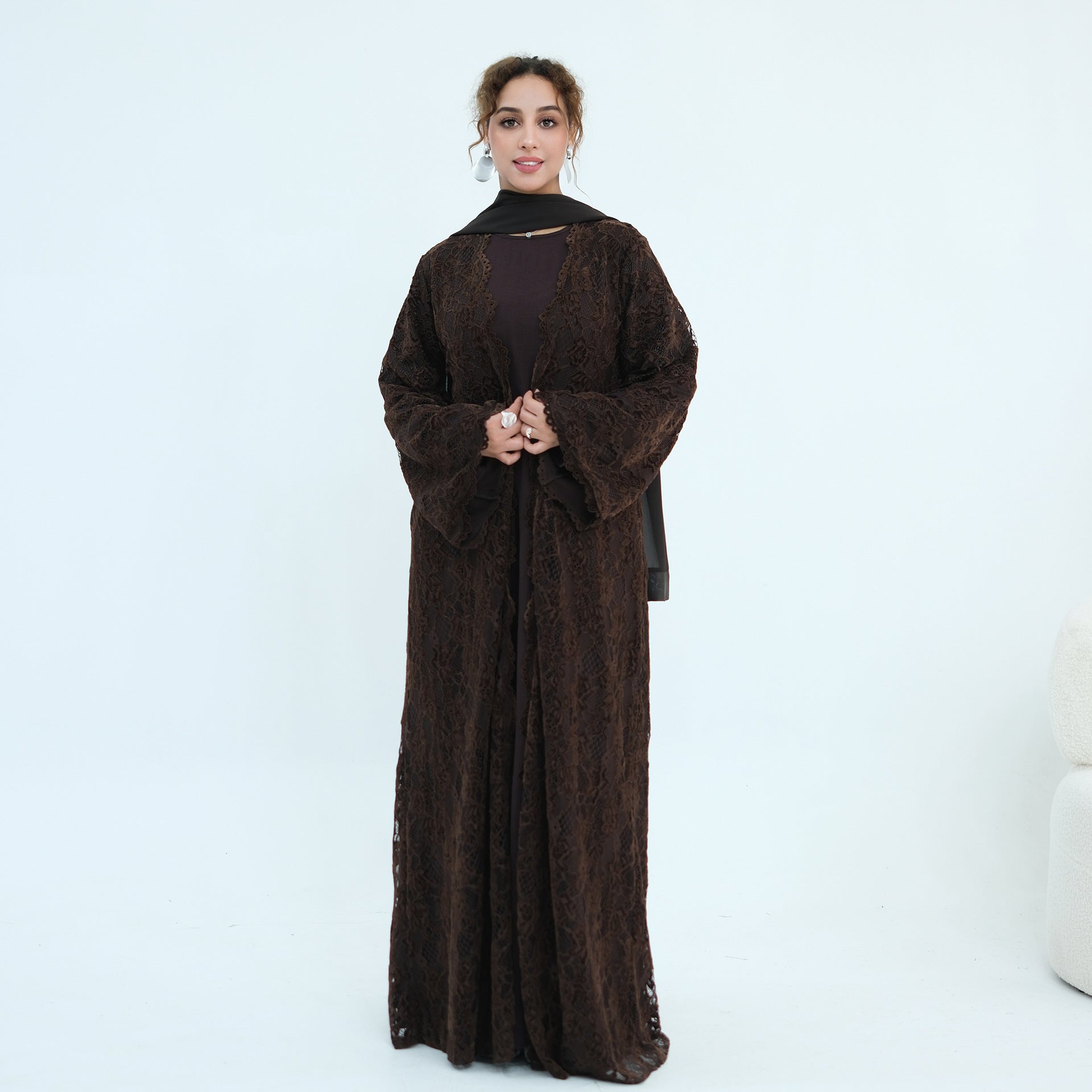 Floral Lace Open Abaya with Lining(MOA329)