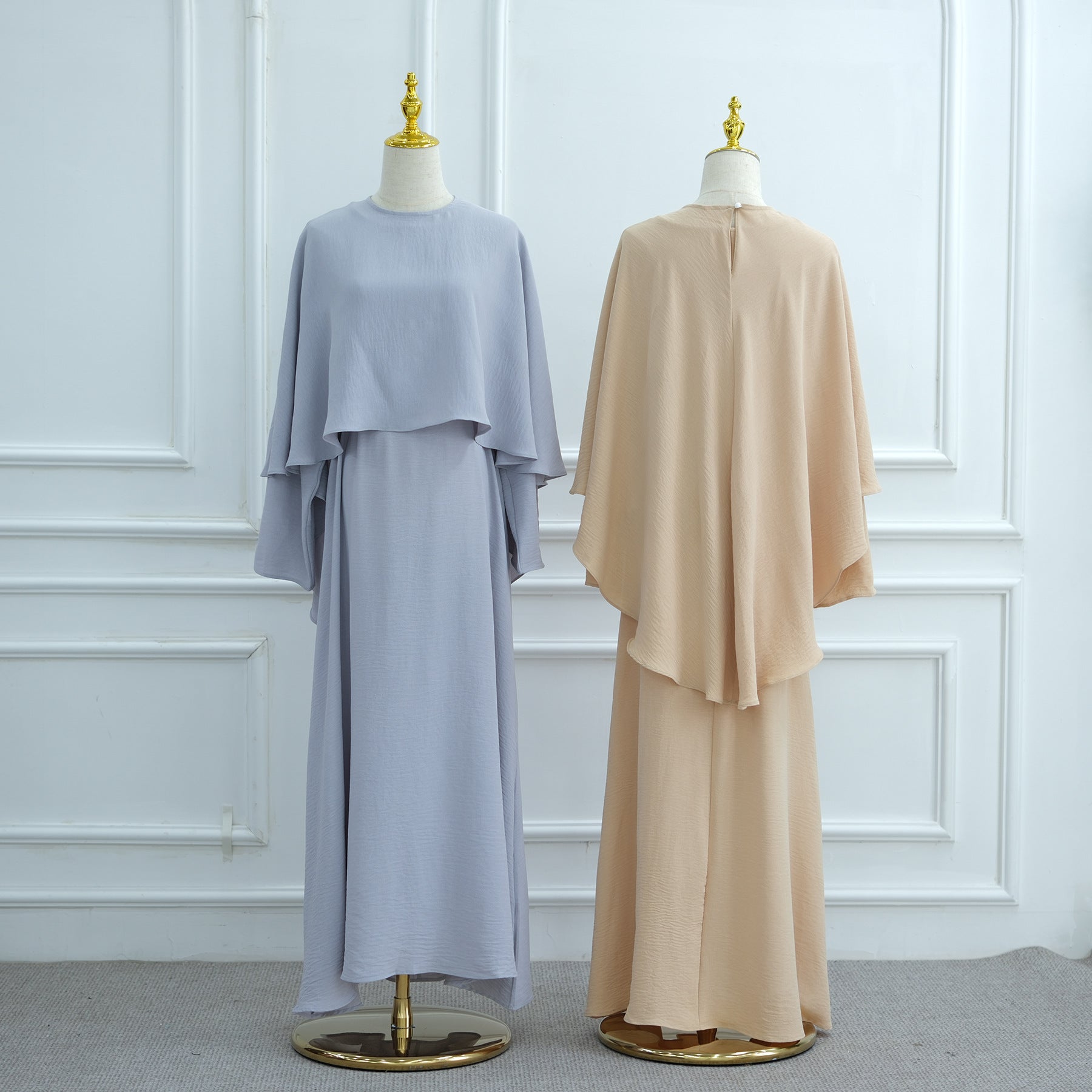 Ice Silk Crinkle Cape Set | 3-Piece Solid Color Abaya with Inner Dress & Belt(MA304)