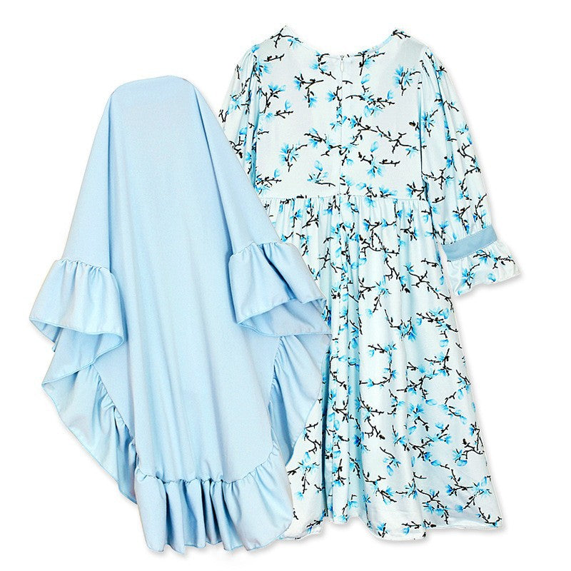 Girls Blue Floral Dress & Khimar Set(MKG027)