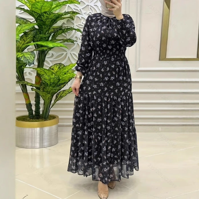 Floral Chiffon Maxi Dress | Long Sleeve Smocked Waist Dress(MS269)