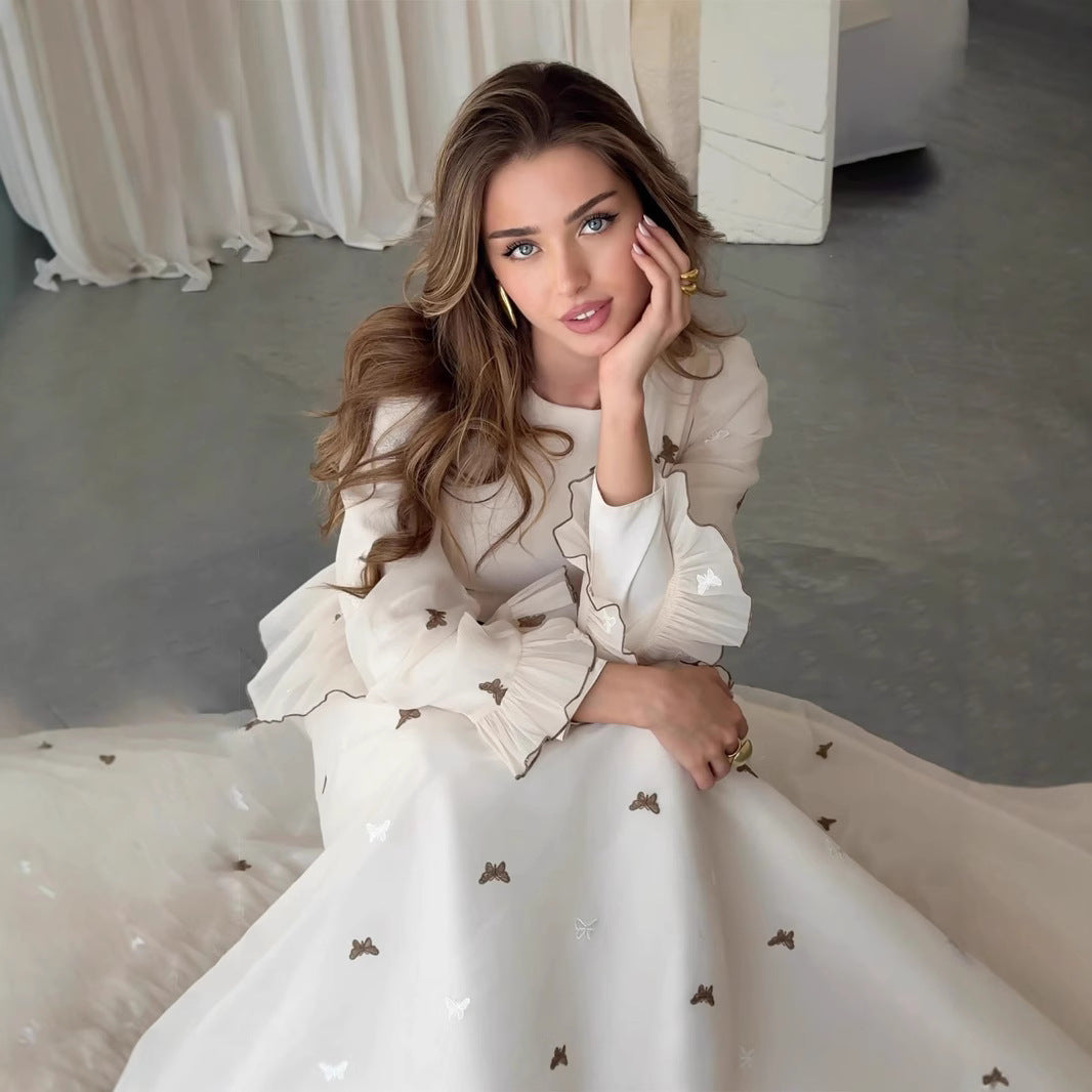 Butterfly Embroidered Maxi Dress | Long Sleeve Peplum Waist Dress(MS274)