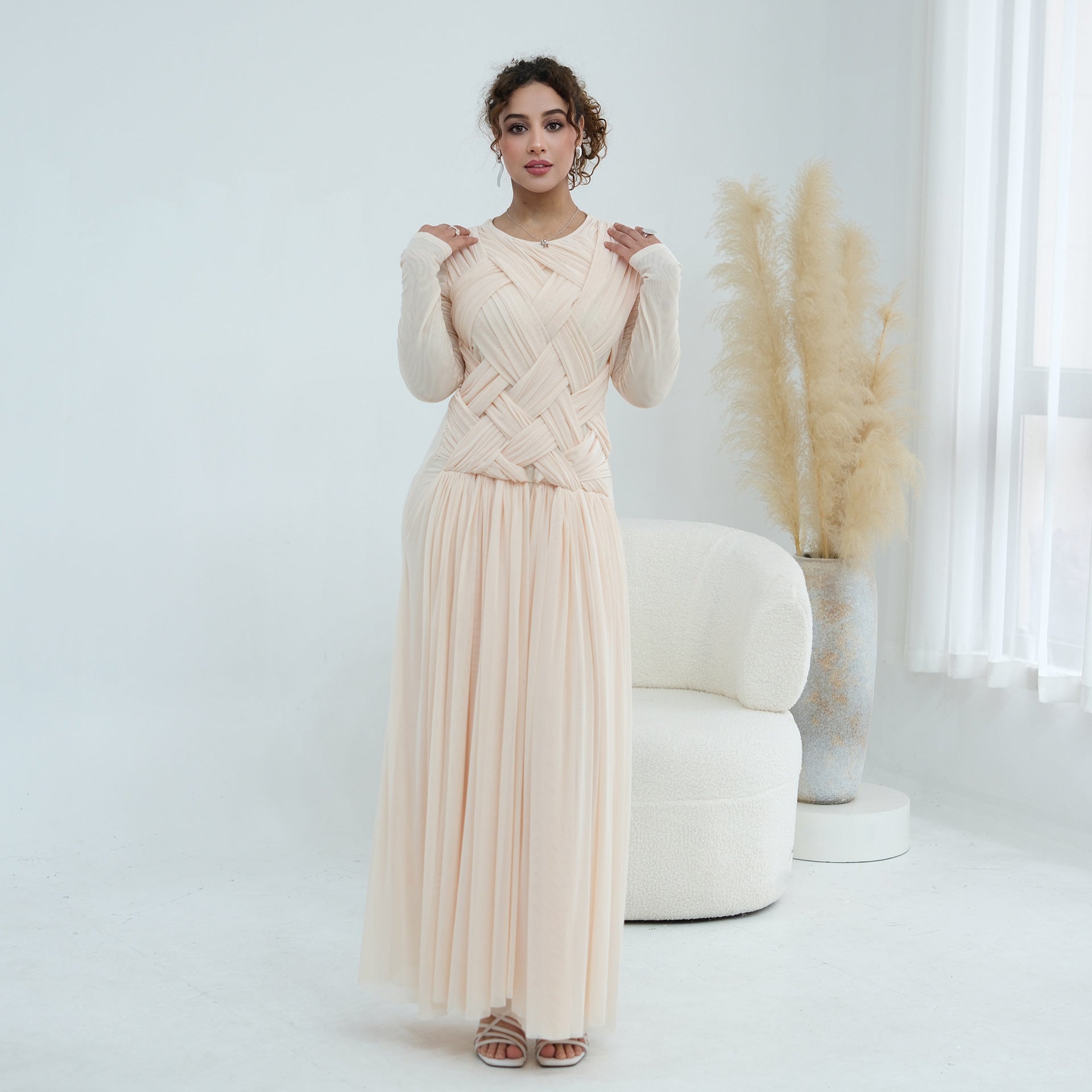 Woven Cross-Strap Bodice Mesh Maxi Dress(MS454)
