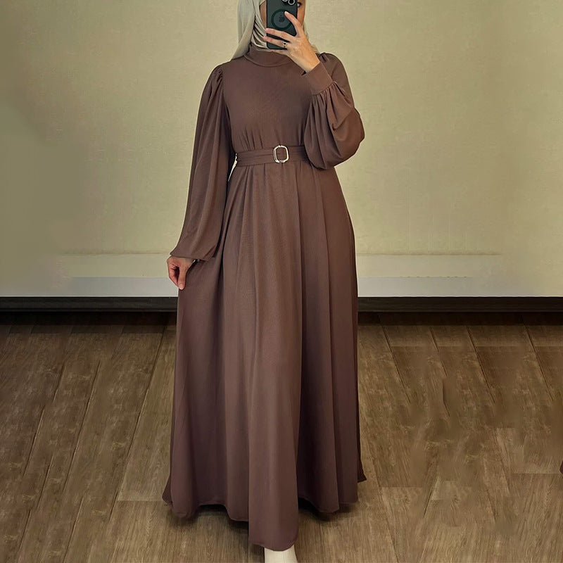 Solid Color Round Neck Belted Abaya | Puff Sleeve Button Cuff Maxi Dress with Belt(MA305)