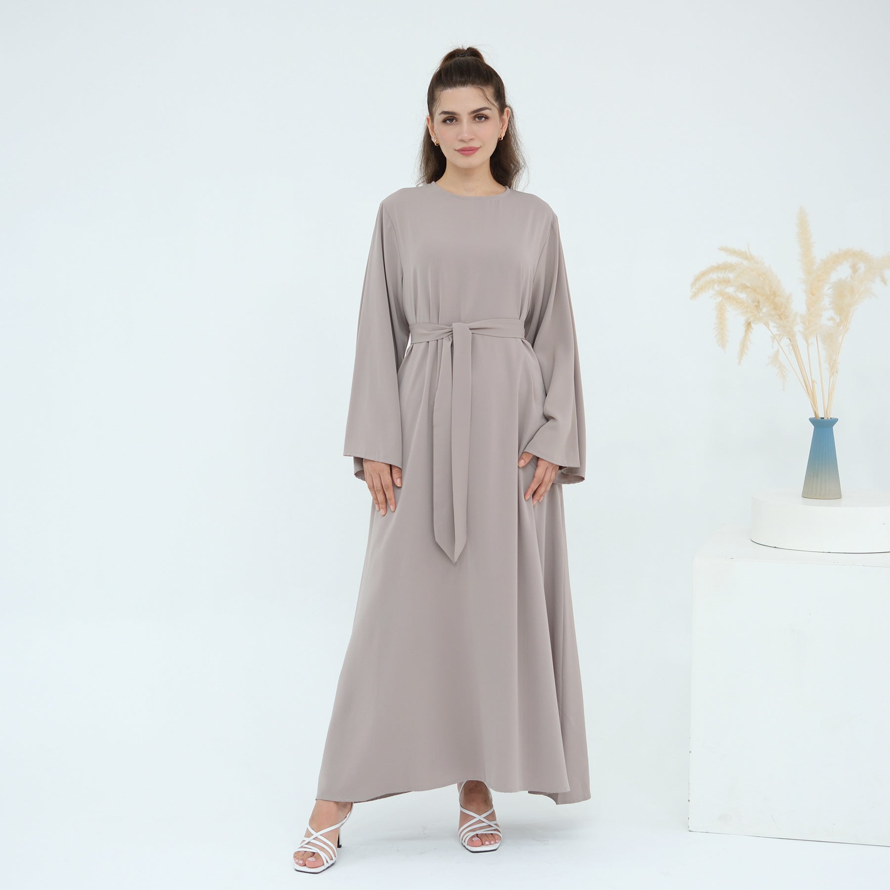 Solid Color Nida Abaya with Belt | A-Line Maxi Dress(MA359)