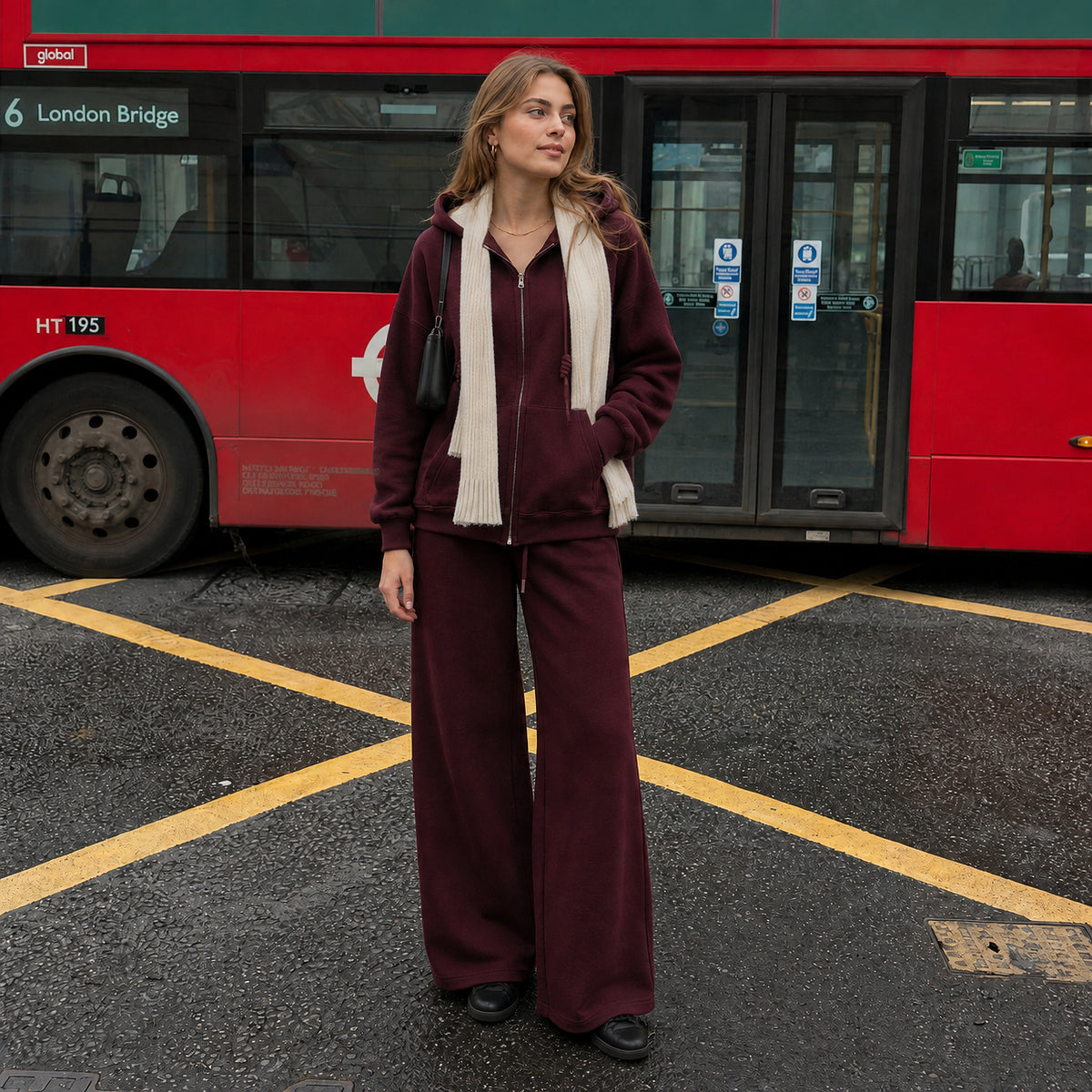 Zip-Up Hoodie & Wide-Leg Pants Set | Casual Modest Athleisure Two-Piece Outfit(MS595)