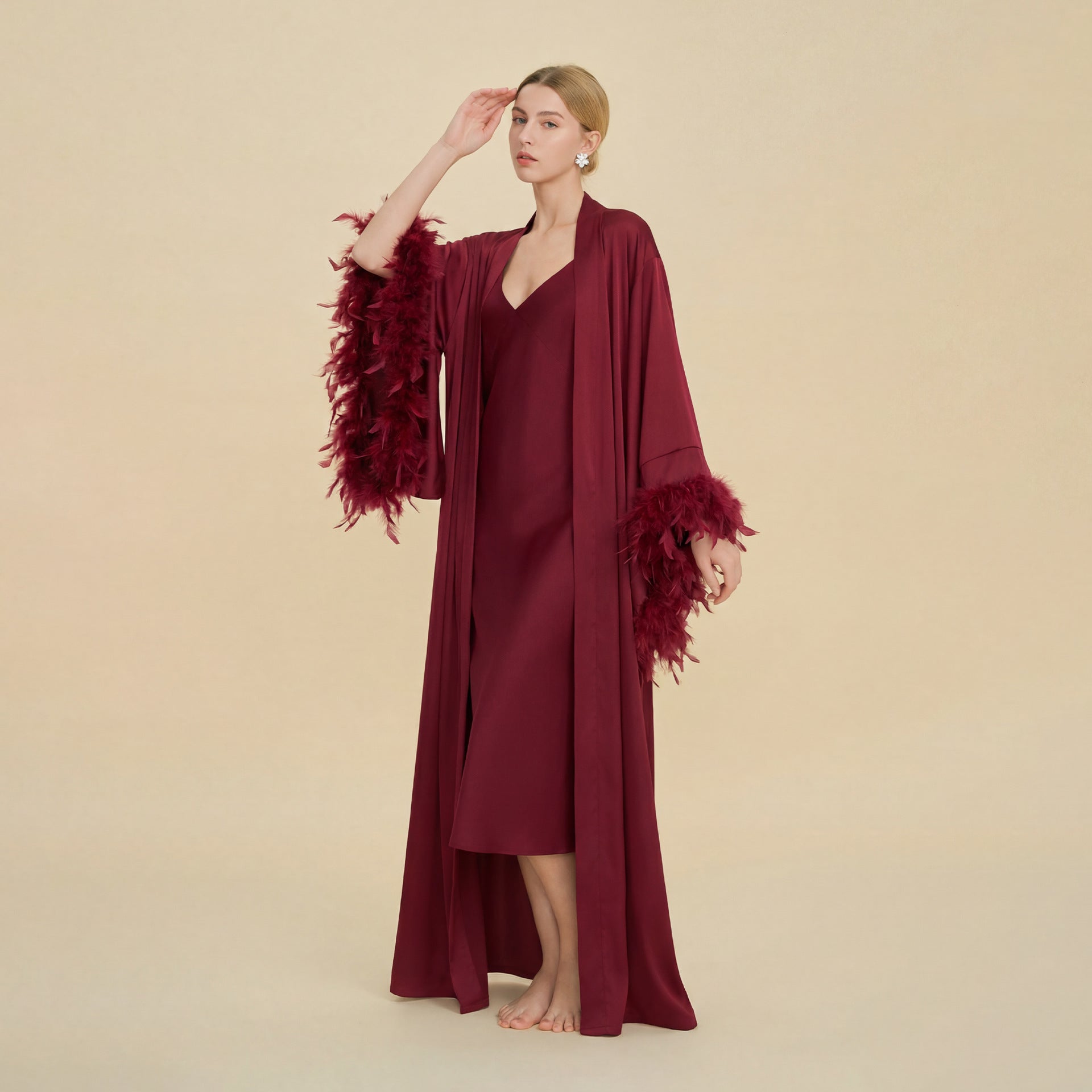 Feather-Trimmed Kimono Robe Abaya(MOA293)