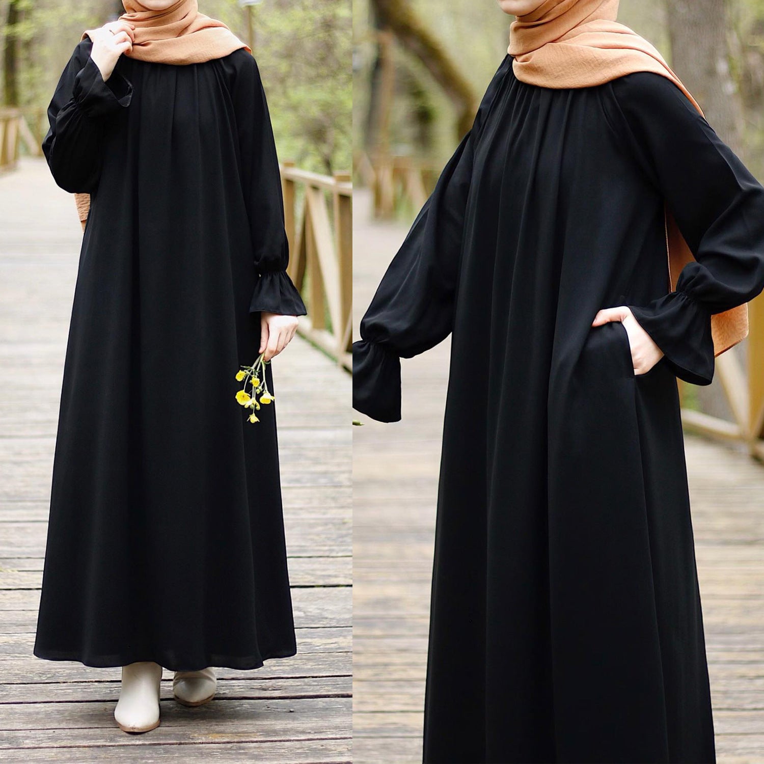 Bell Sleeve Chiffon Abaya | Round Neck Pocket Maxi Dress(MA363)