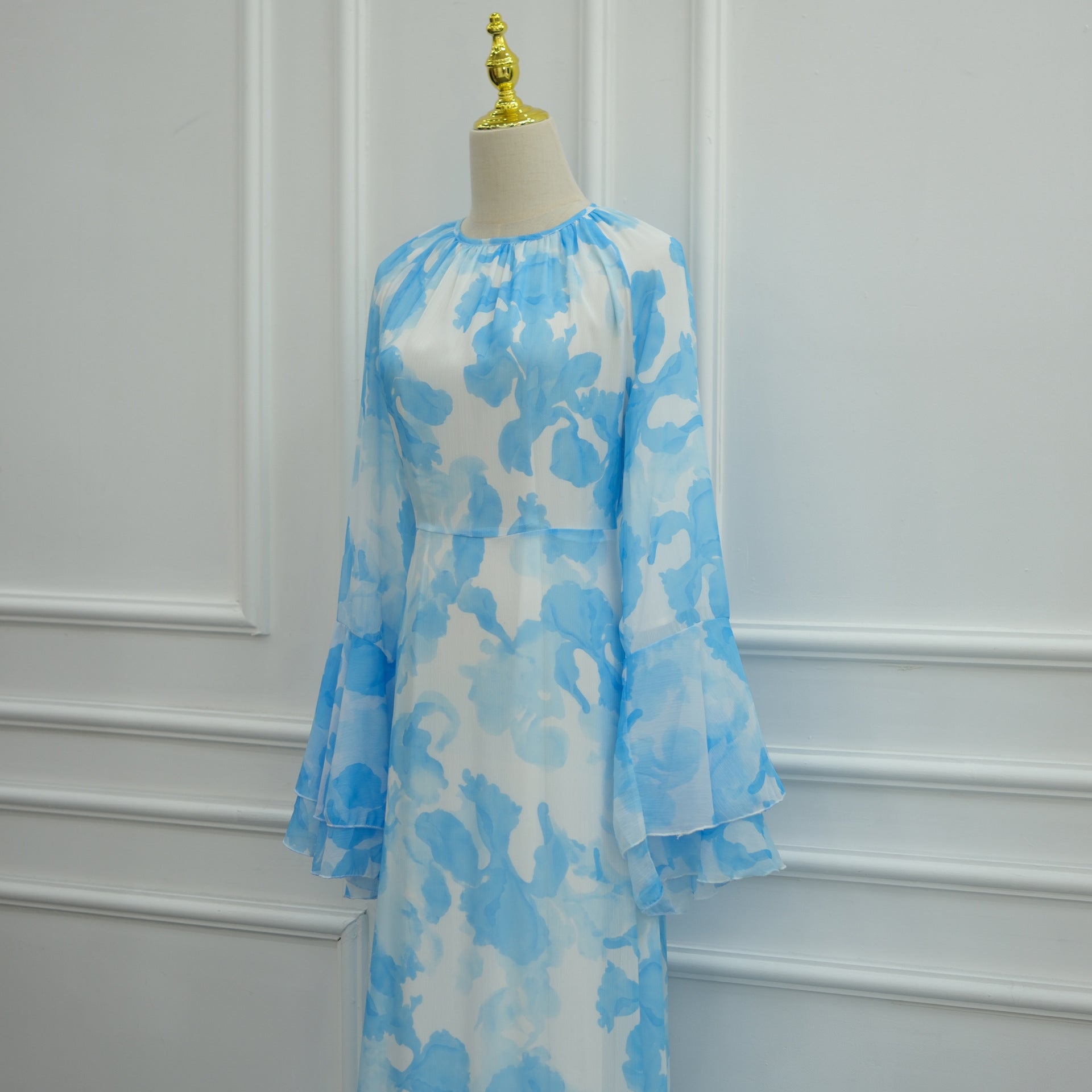 Watercolour Print Double-Layer Flared-Sleeve Maxi Dress(MA479)