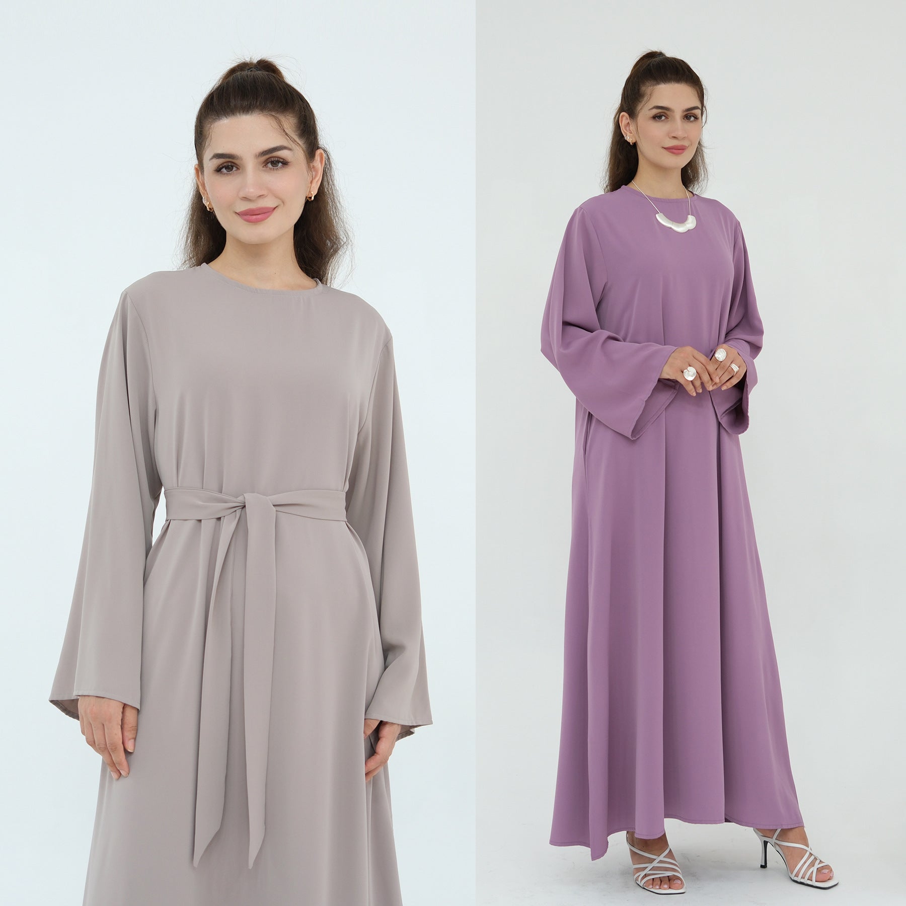 Solid Color Nida Abaya with Belt | A-Line Maxi Dress(MA359)