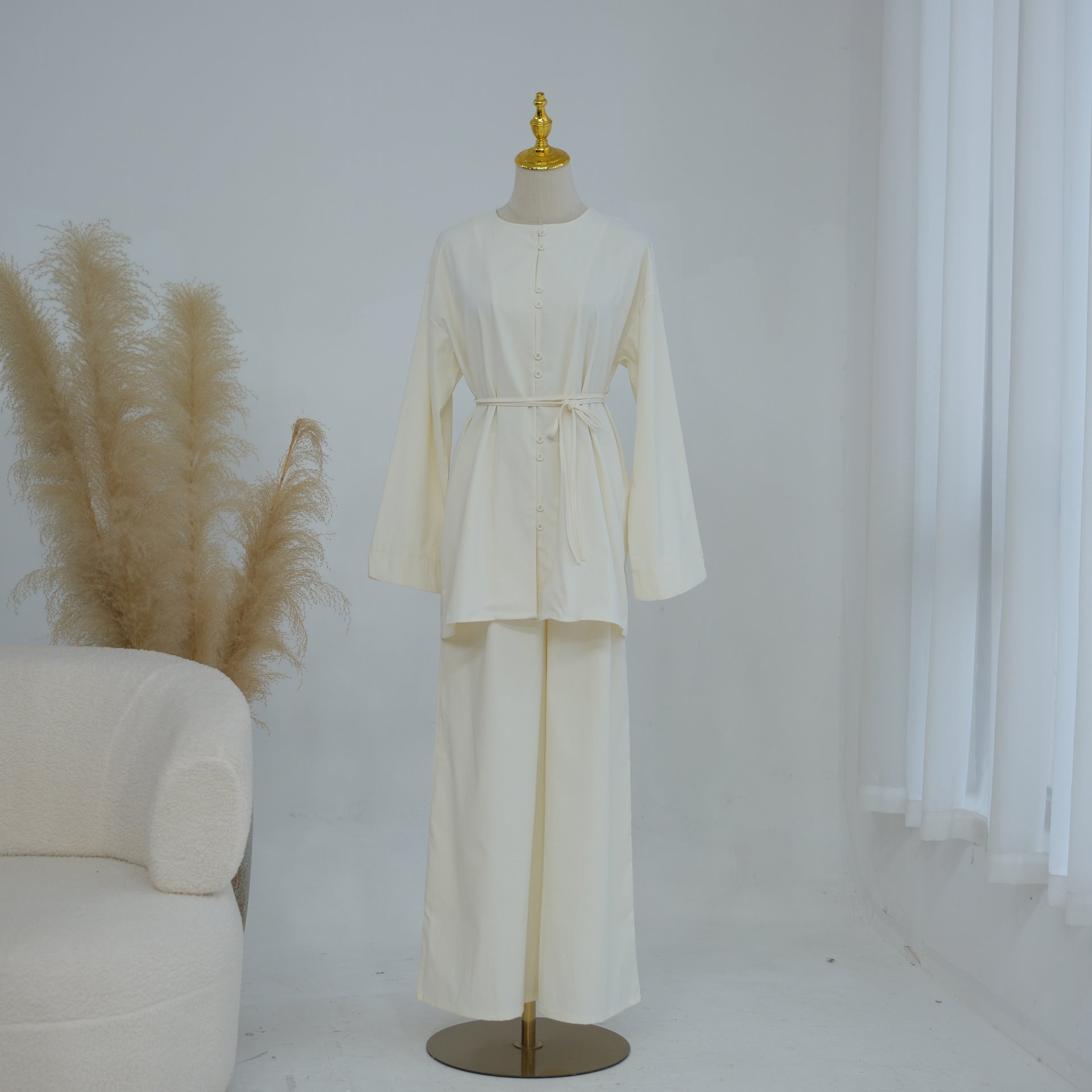 Button-Front Longline Top & Wide-Leg Trouser Set(MS456)