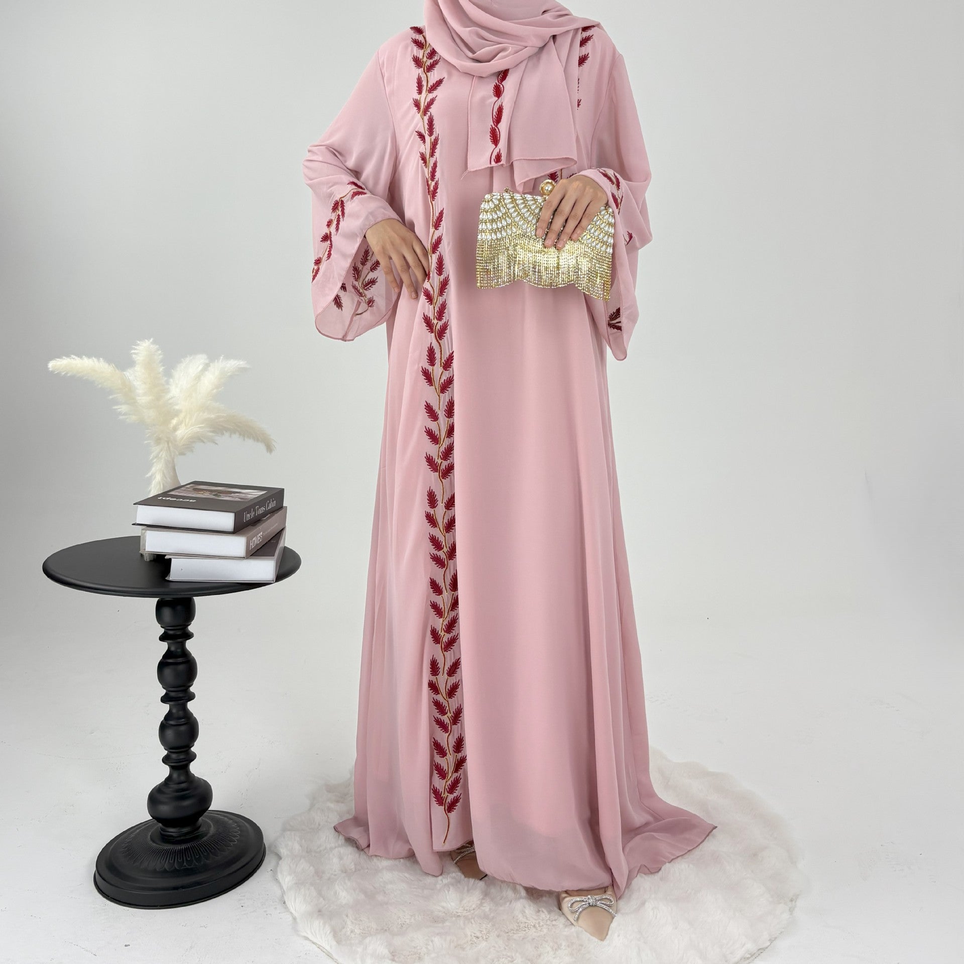 Embroidered Chiffon Bell Sleeve Pullover Maxi Dress Abaya with Matching Hijab 2-Piece Set(MA301)