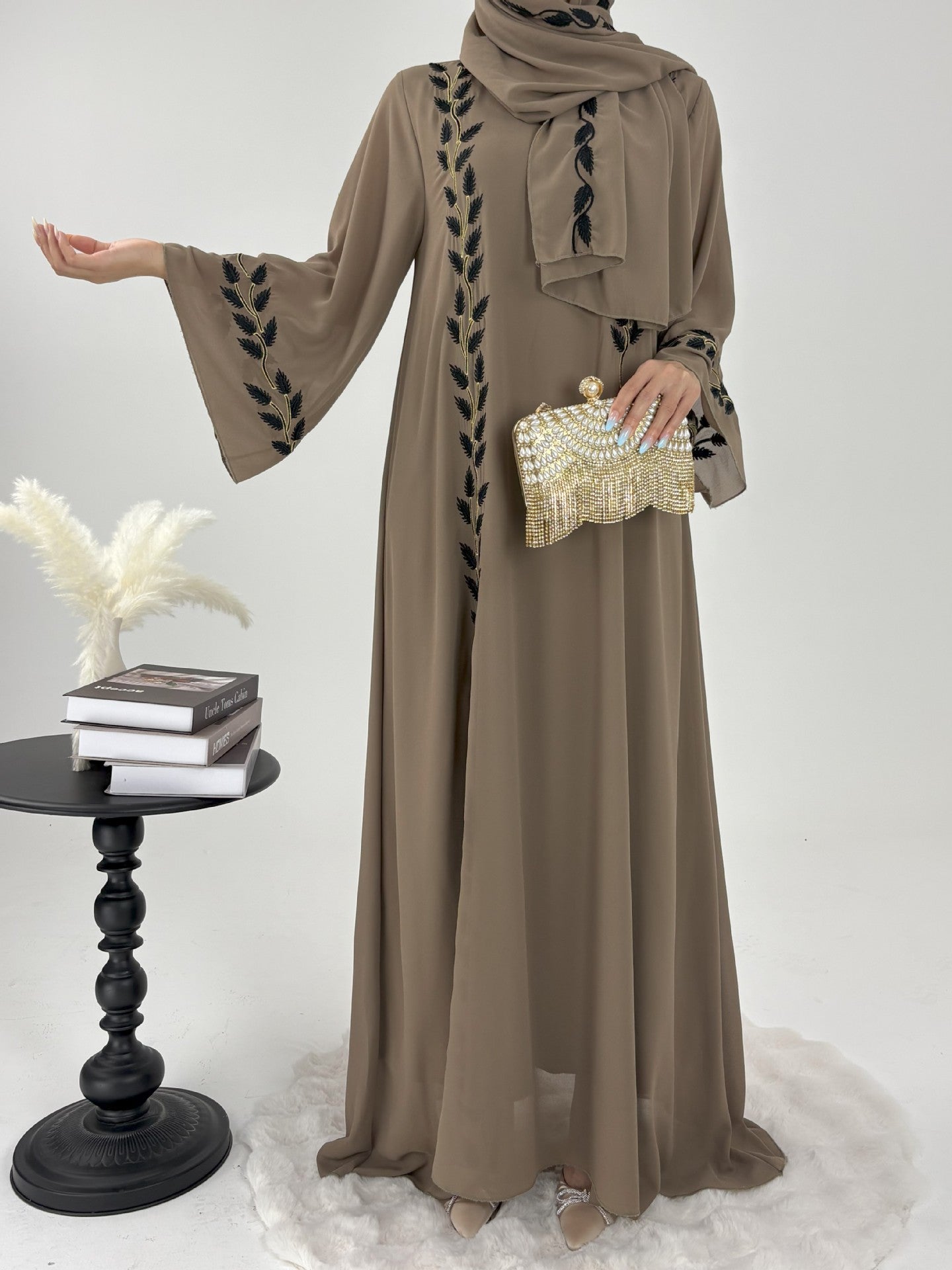 Embroidered Chiffon Bell Sleeve Pullover Maxi Dress Abaya with Matching Hijab 2-Piece Set(MA301)