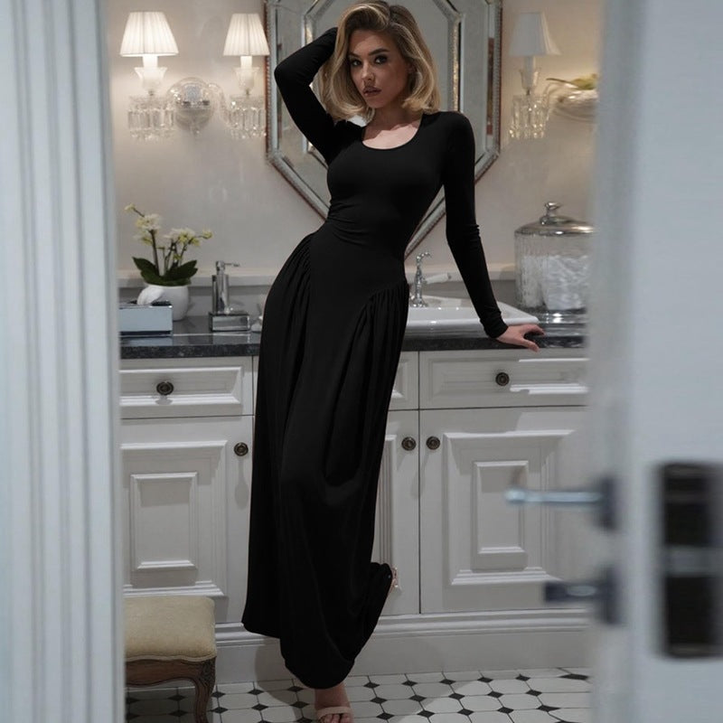 Gathered Waist Maxi Dress | U-Neck Long Sleeve Modal Dress(MS232)