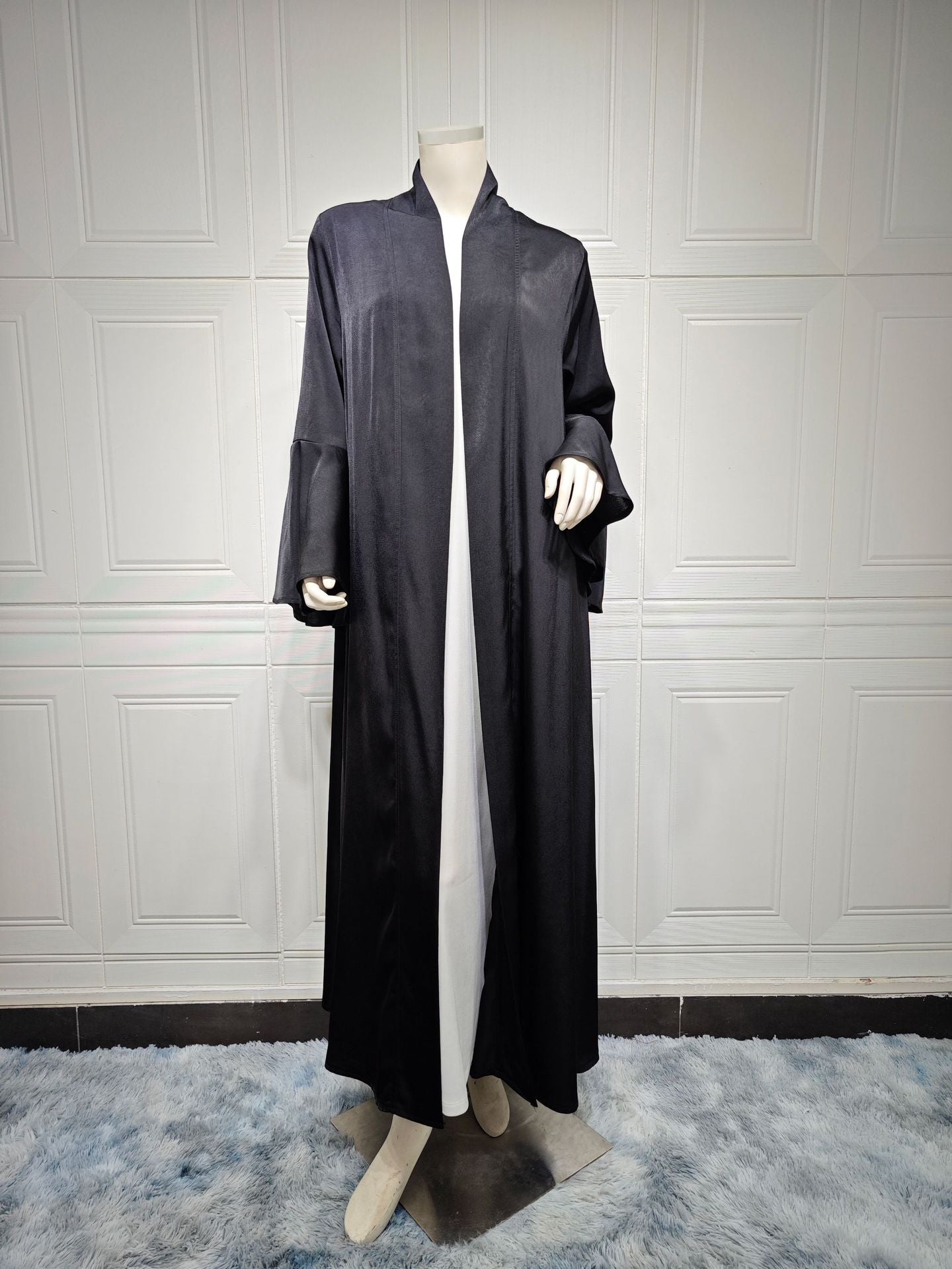 Lotus Leaf Sleeve Solid Soft Satin Open Front Abaya Dress | Lightweight Modest Abaya Cover(MOA220)