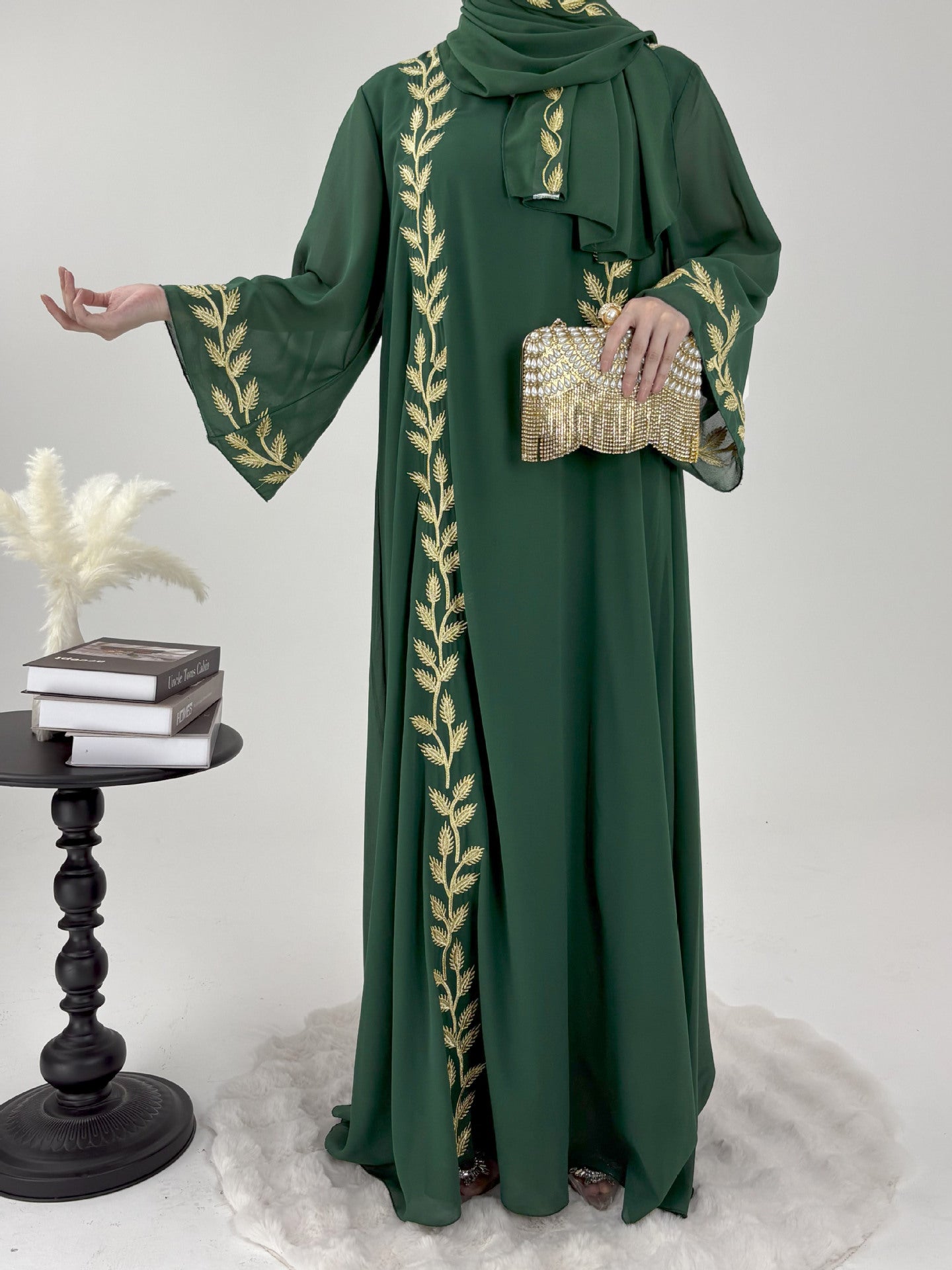 Embroidered Chiffon Bell Sleeve Pullover Maxi Dress Abaya with Matching Hijab 2-Piece Set(MA301)