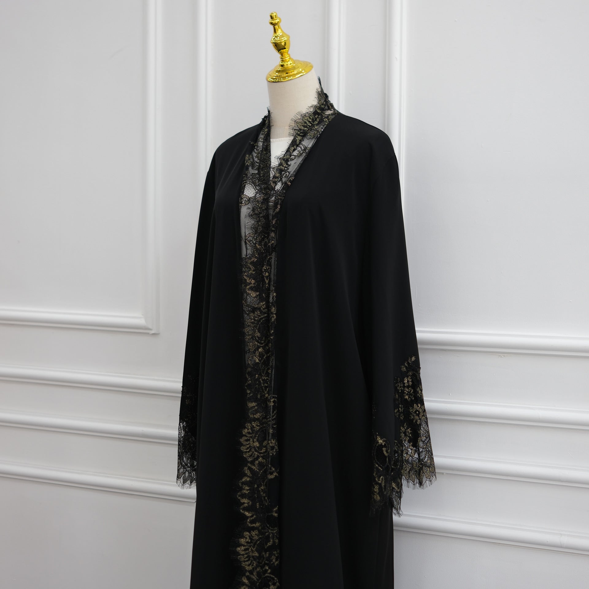 Lace-Panel Flared-Sleeve Open Abaya with Pockets(MOA332)