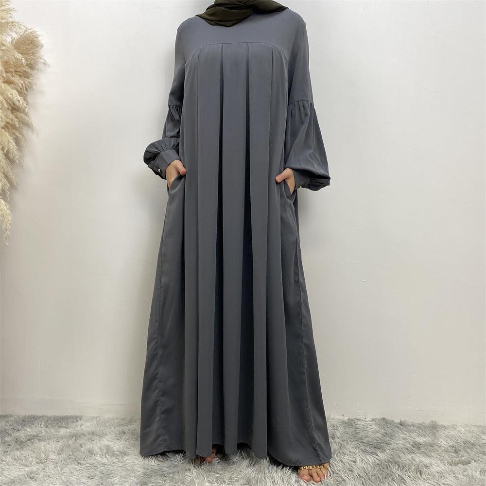 MA061 Round Neck Solid Color Ruffled Abaya With Pockets - Mariam's Collection