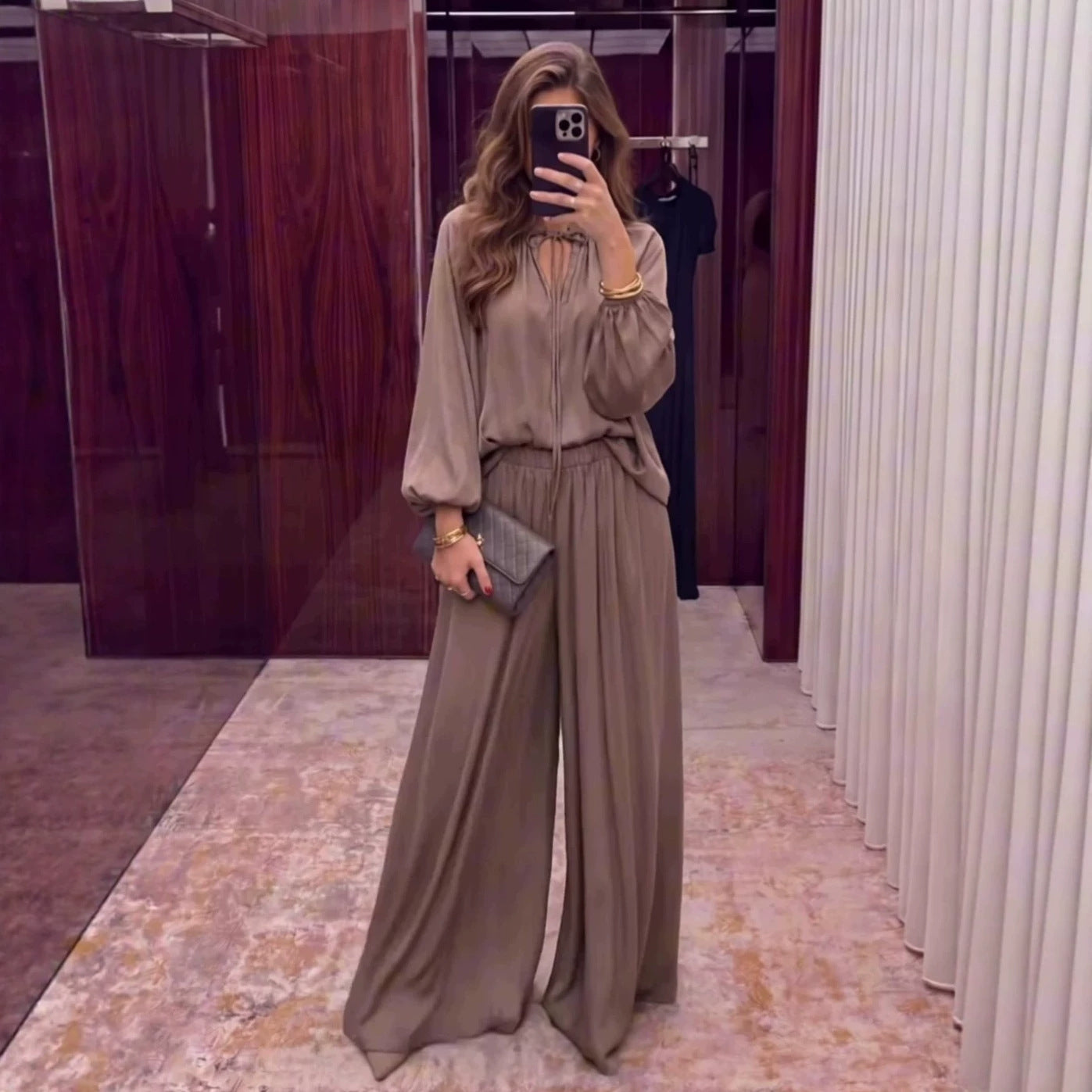 Gathered Neck Self-Tie Satin-Finish Top & Wide-Leg Trouser Set(MS465)