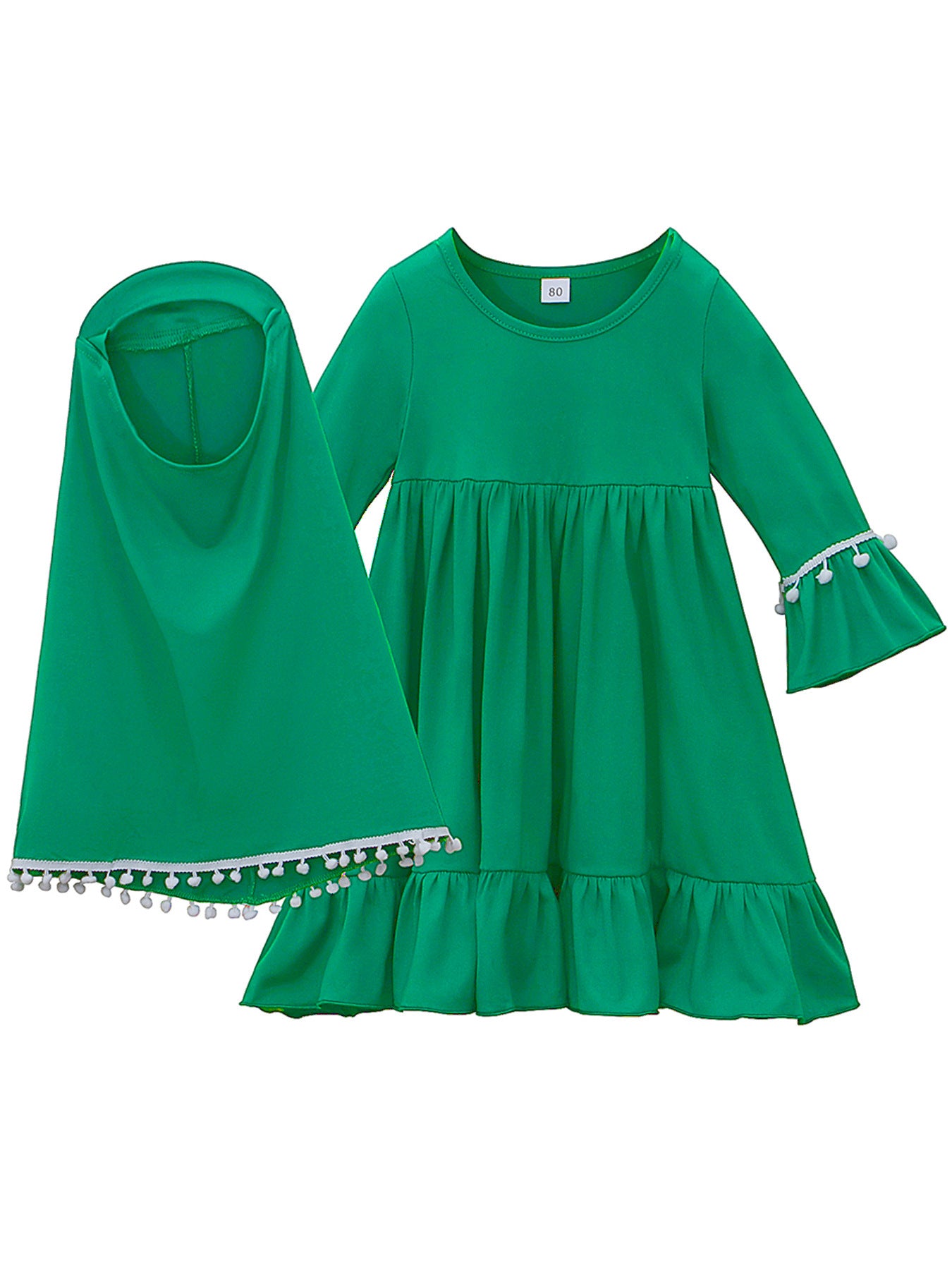 Girls Dress & Hijab Set with Pom-Pom Trim(MKG028)