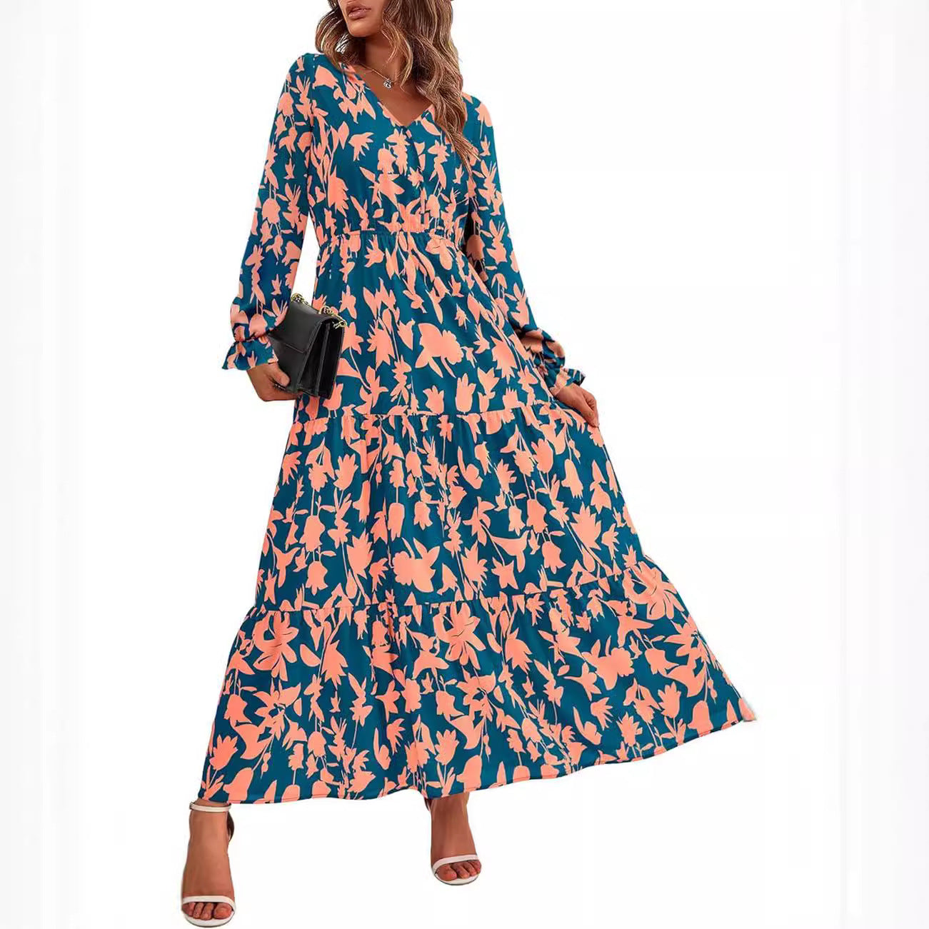 Floral Print V-Neck Midi Dress | Long Sleeve Elastic Waist Dress(MS271)