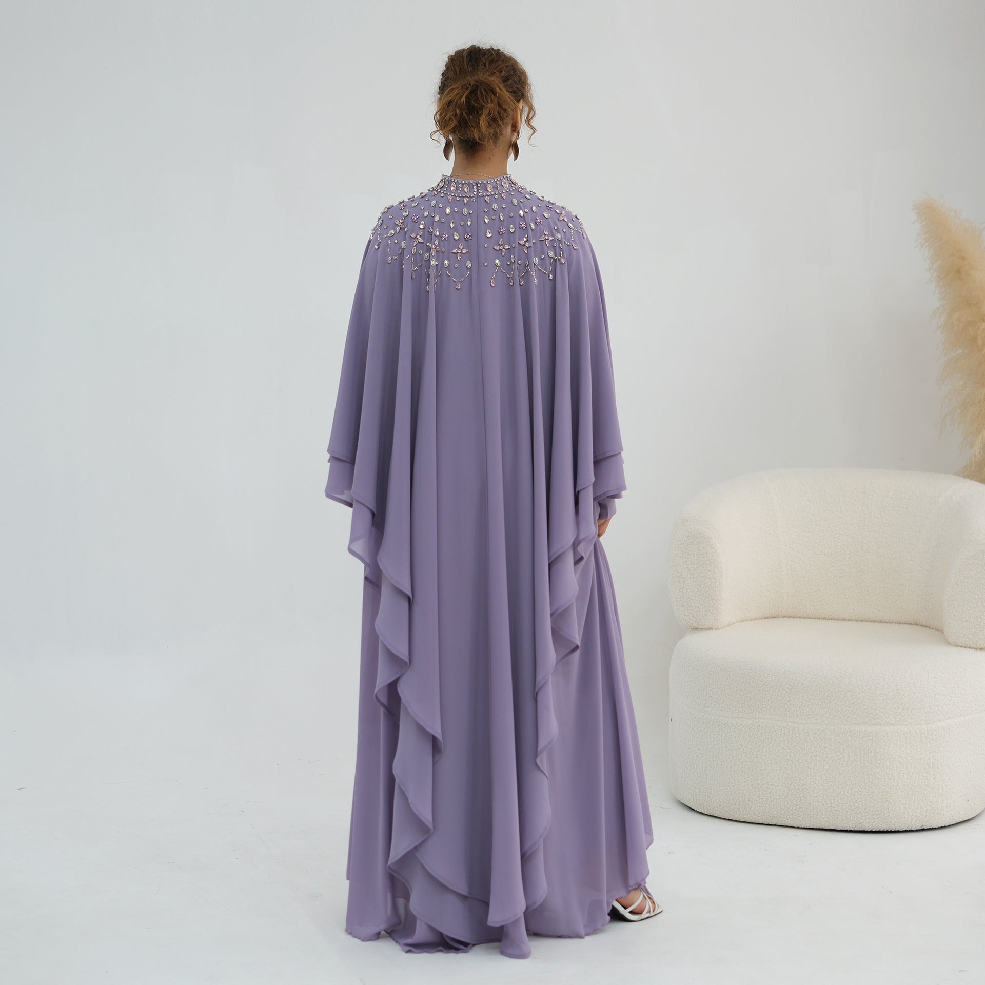 Crystal Embellished Cape Sleeve Chiffon Maxi Dress Set(MS461)