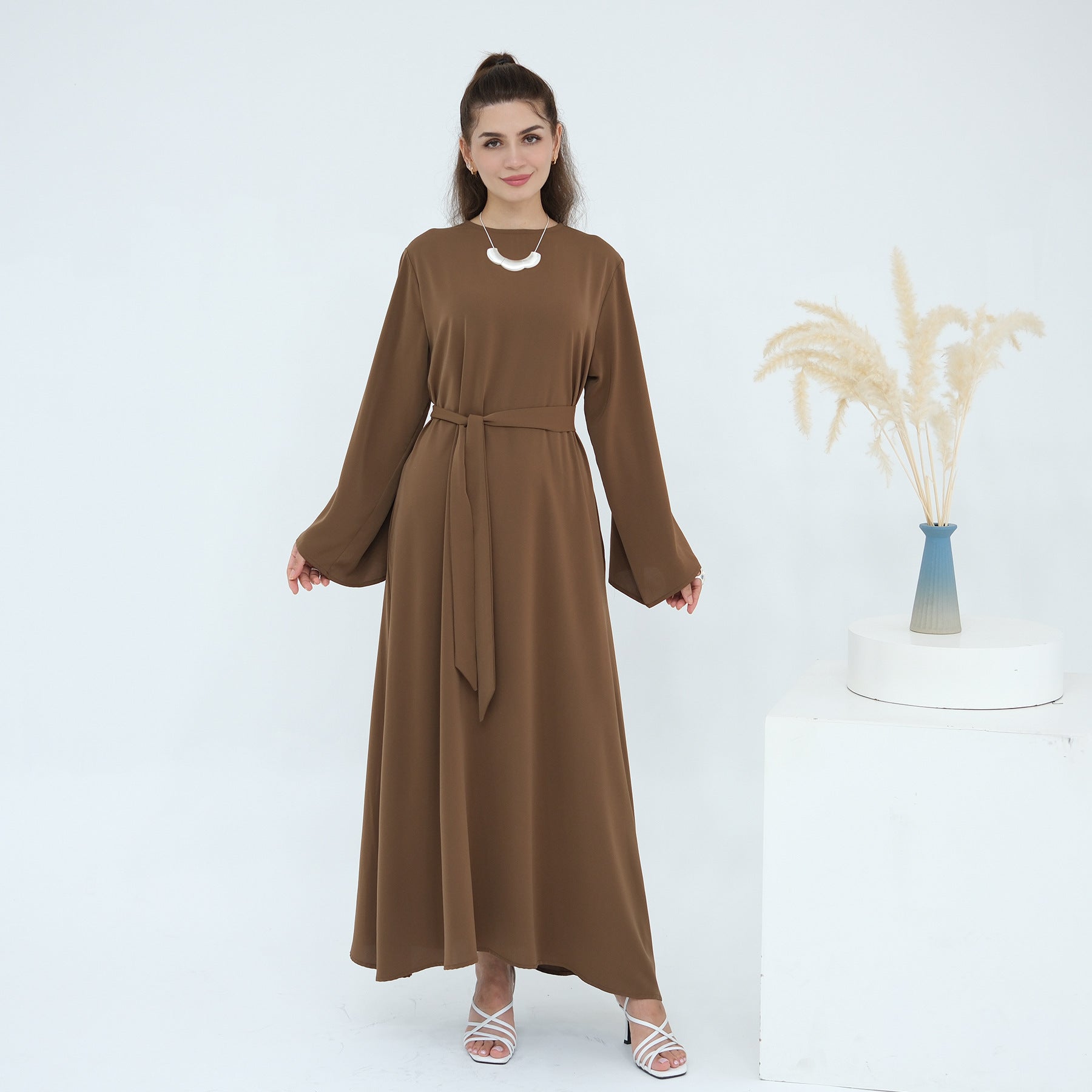 Solid Color Nida Abaya with Belt | A-Line Maxi Dress(MA359)