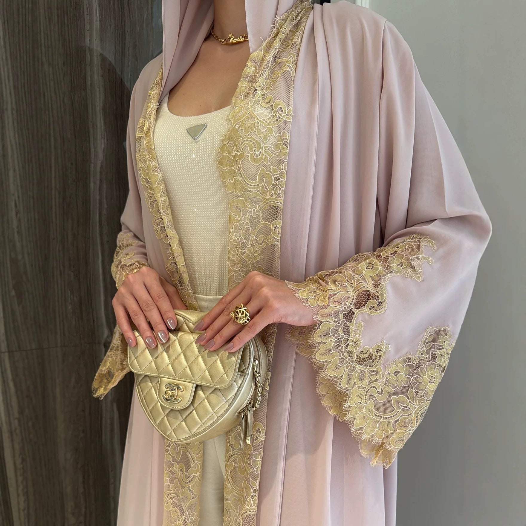 Lace-Panel Flared-Sleeve Open Abaya with Pockets(MOA332)