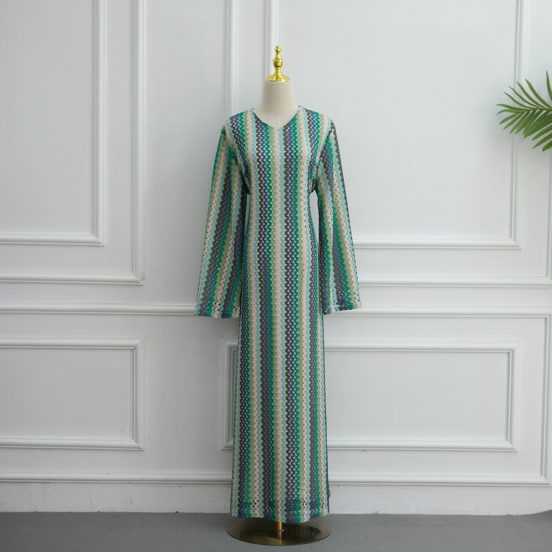 Rainbow Jacquard Flared-Sleeve Maxi Dress(MS486)
