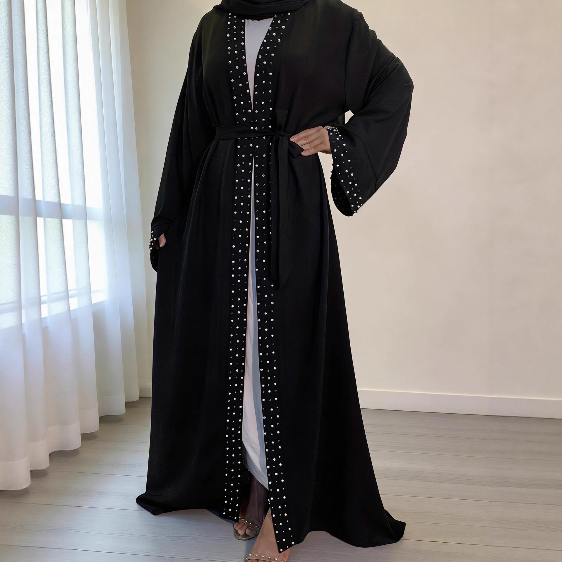 Metal Stud Trim Open-Front Abaya(MOA274)