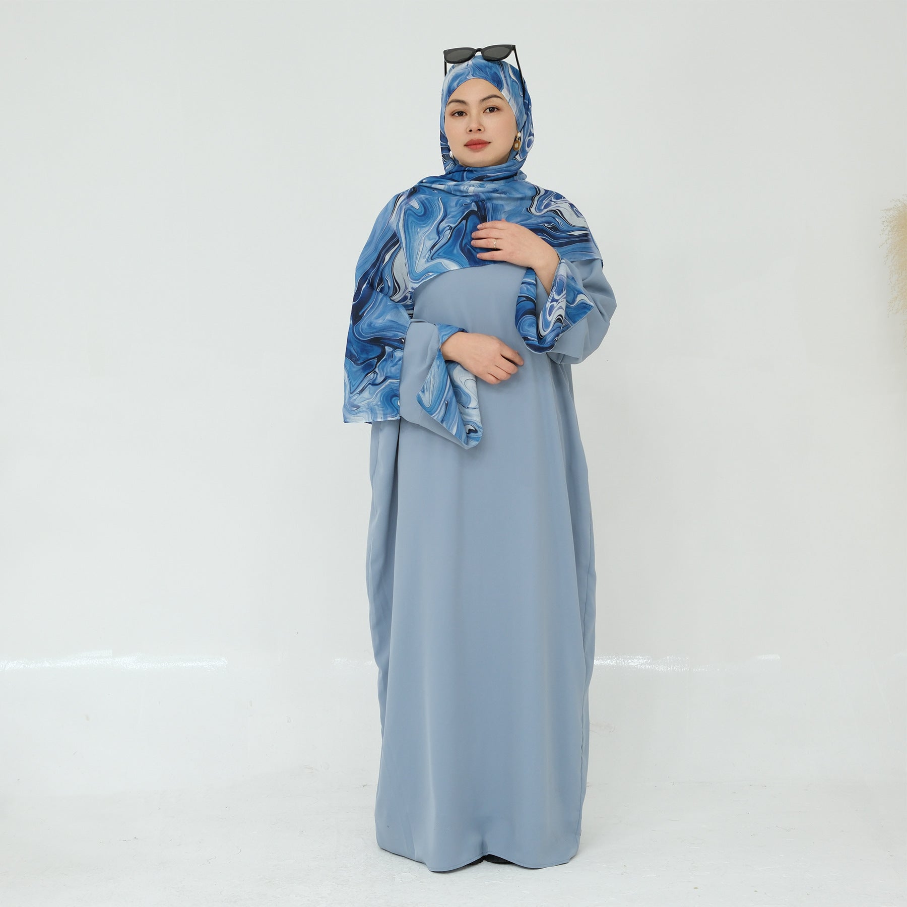 Printed Cuff Nida Abaya & Hijab Set | Relaxed Pocket Maxi Dress(MA360)