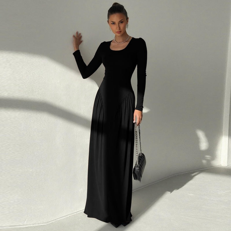 Gathered Waist Maxi Dress | U-Neck Long Sleeve Modal Dress(MS232)
