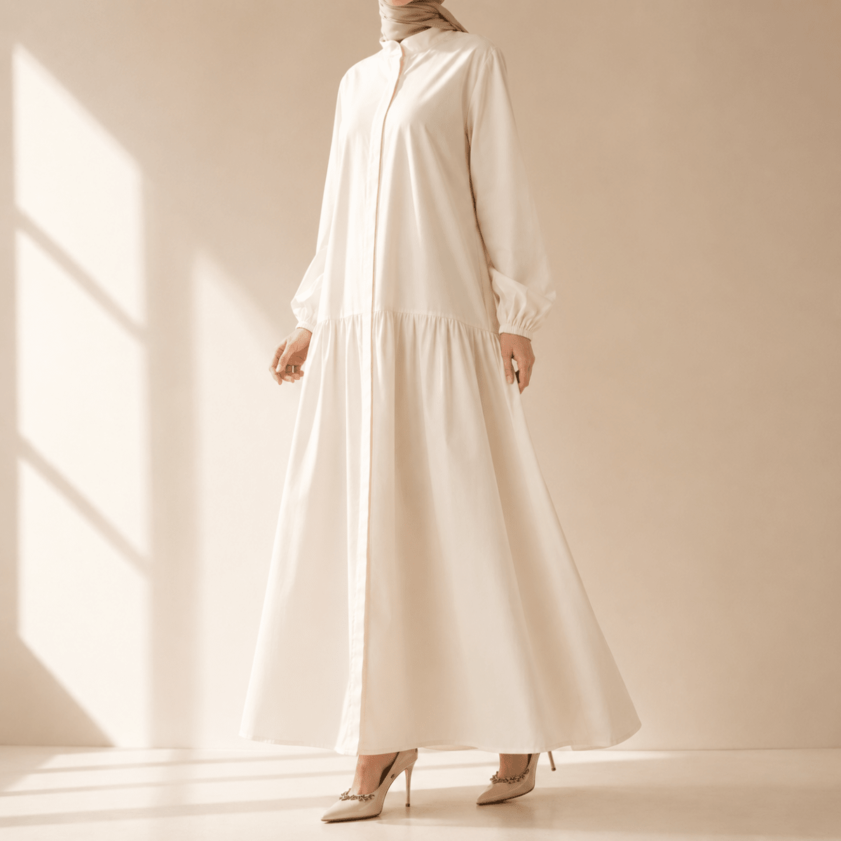 A - Line Trench Shirt Maxi Abaya Dress with Pockets (MA422) - Mariam's Collection