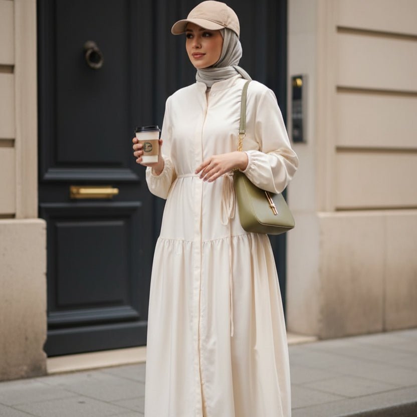 A - Line Trench Shirt Maxi Abaya Dress with Pockets (MA422) - Mariam's Collection