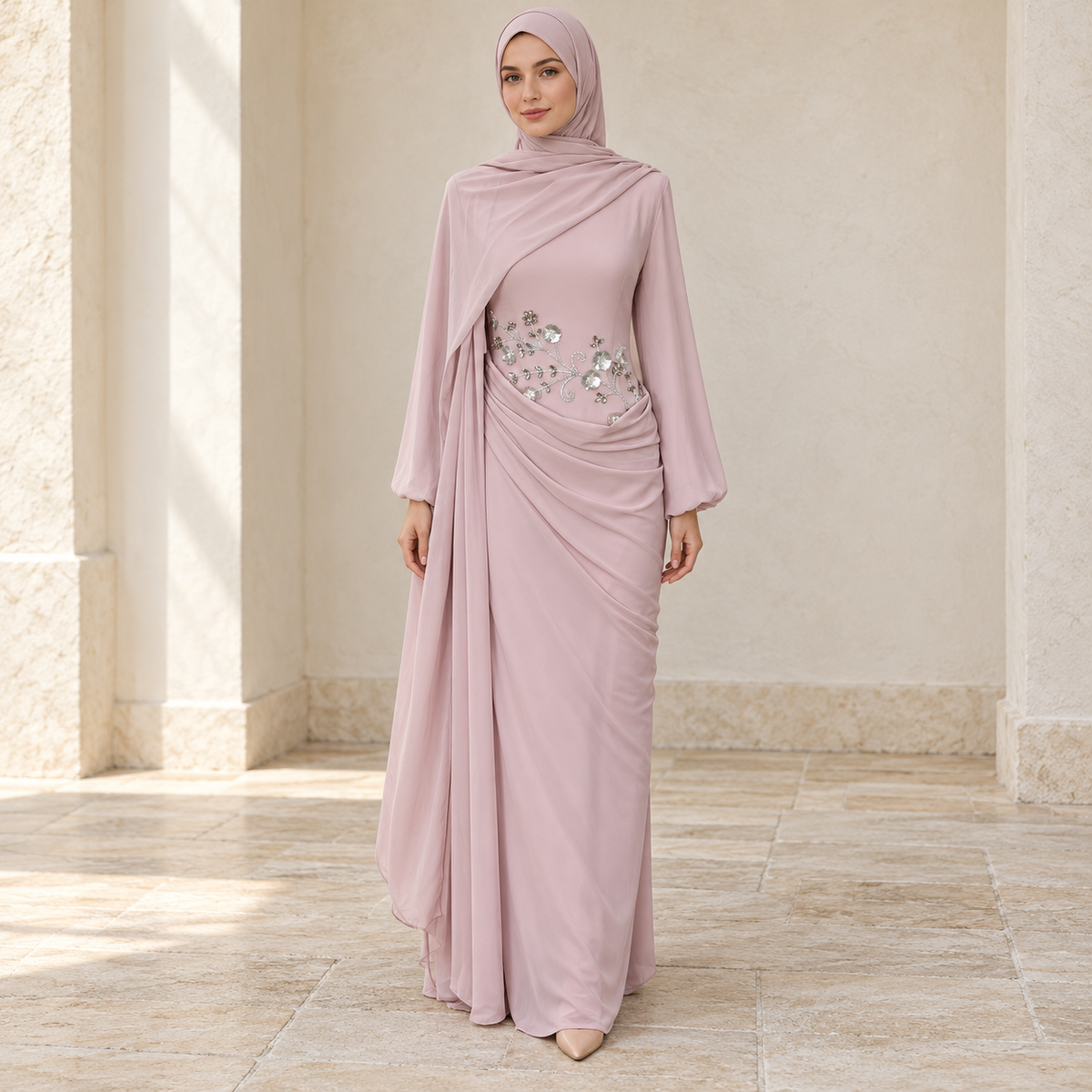Rhinestone Floral Chiffon-Effect Evening Dress(MS591)