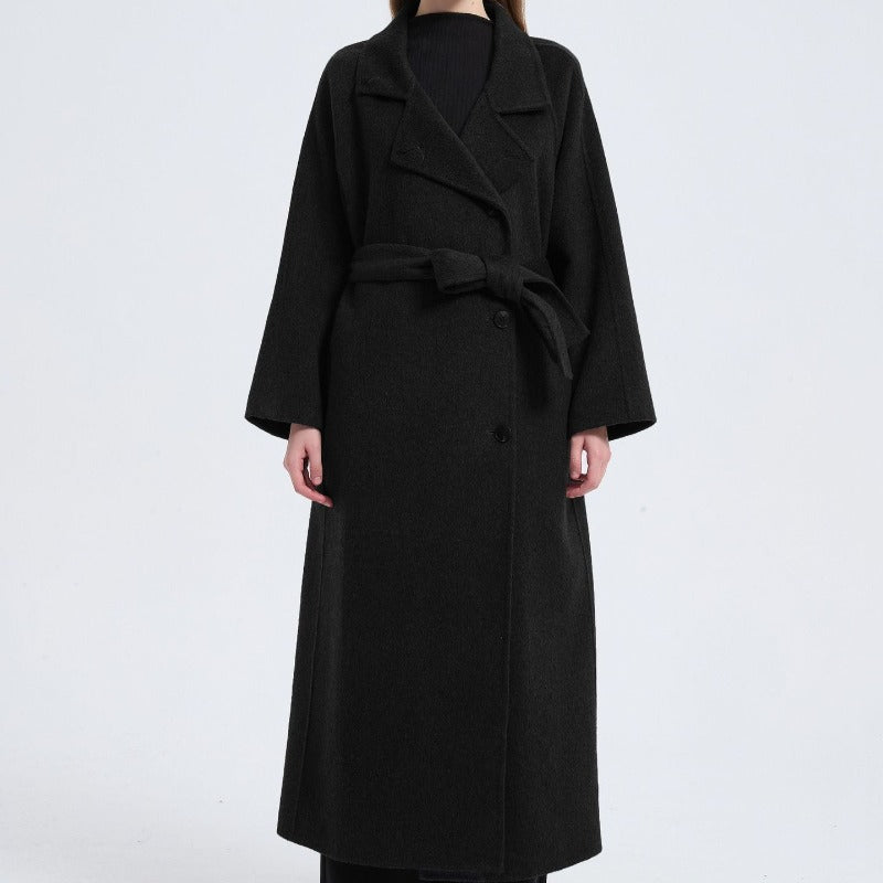 Long Wool Blend Trench Coat Abaya | Double-Breasted Belted Overcoat(MS188)